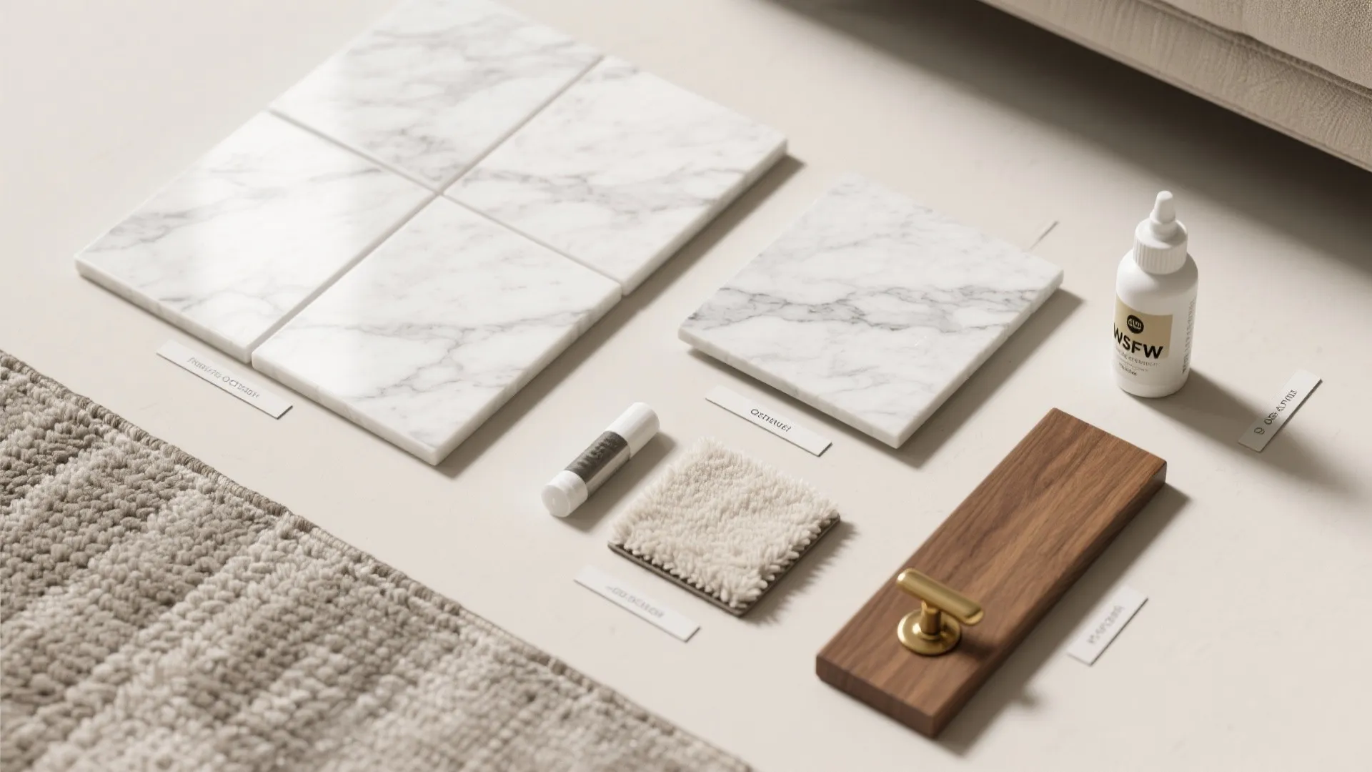 White marble tiles, wood sample with handle, carpet piece, and bottle on a neutral background