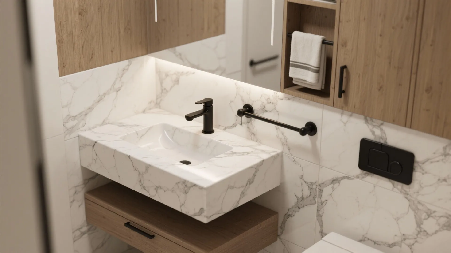 1. Marble-look surfaces with matte black accents
