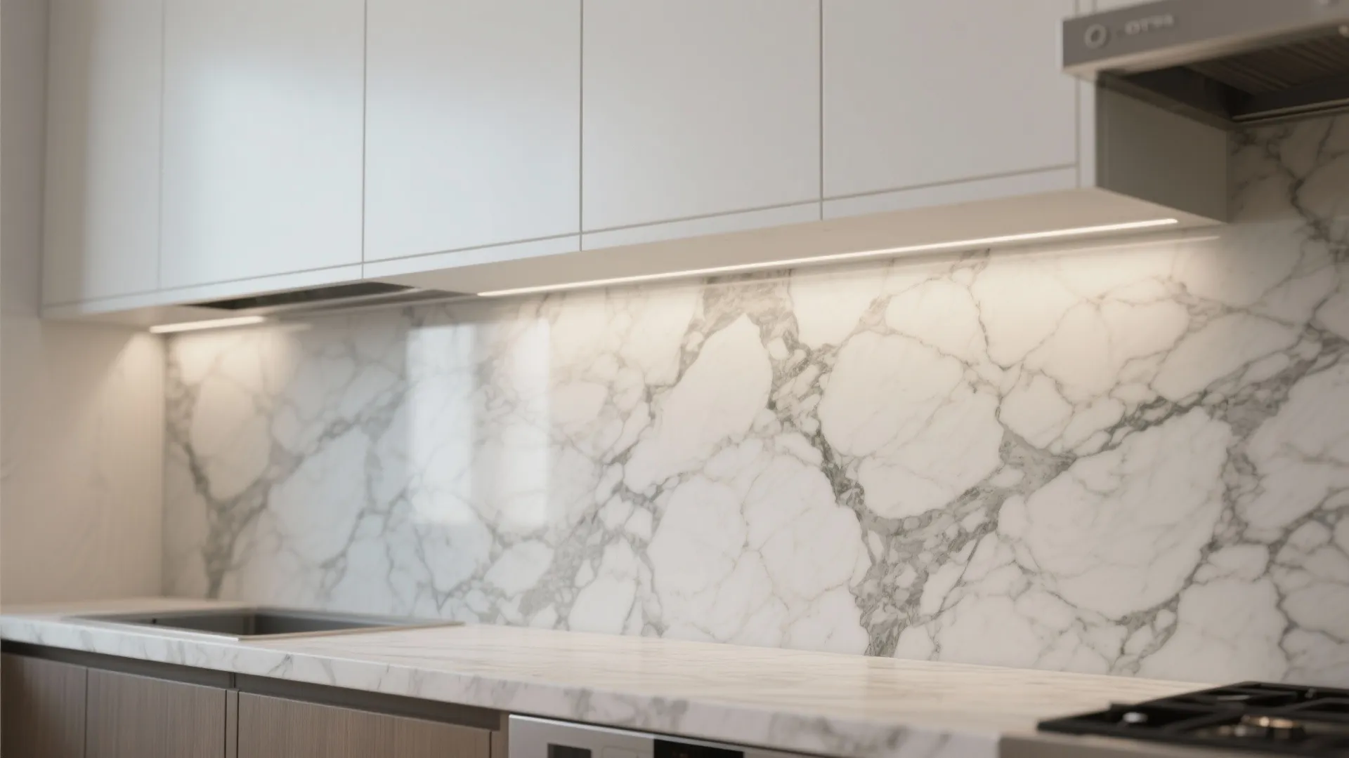 1. Marble Splash, Matte Cabinets
