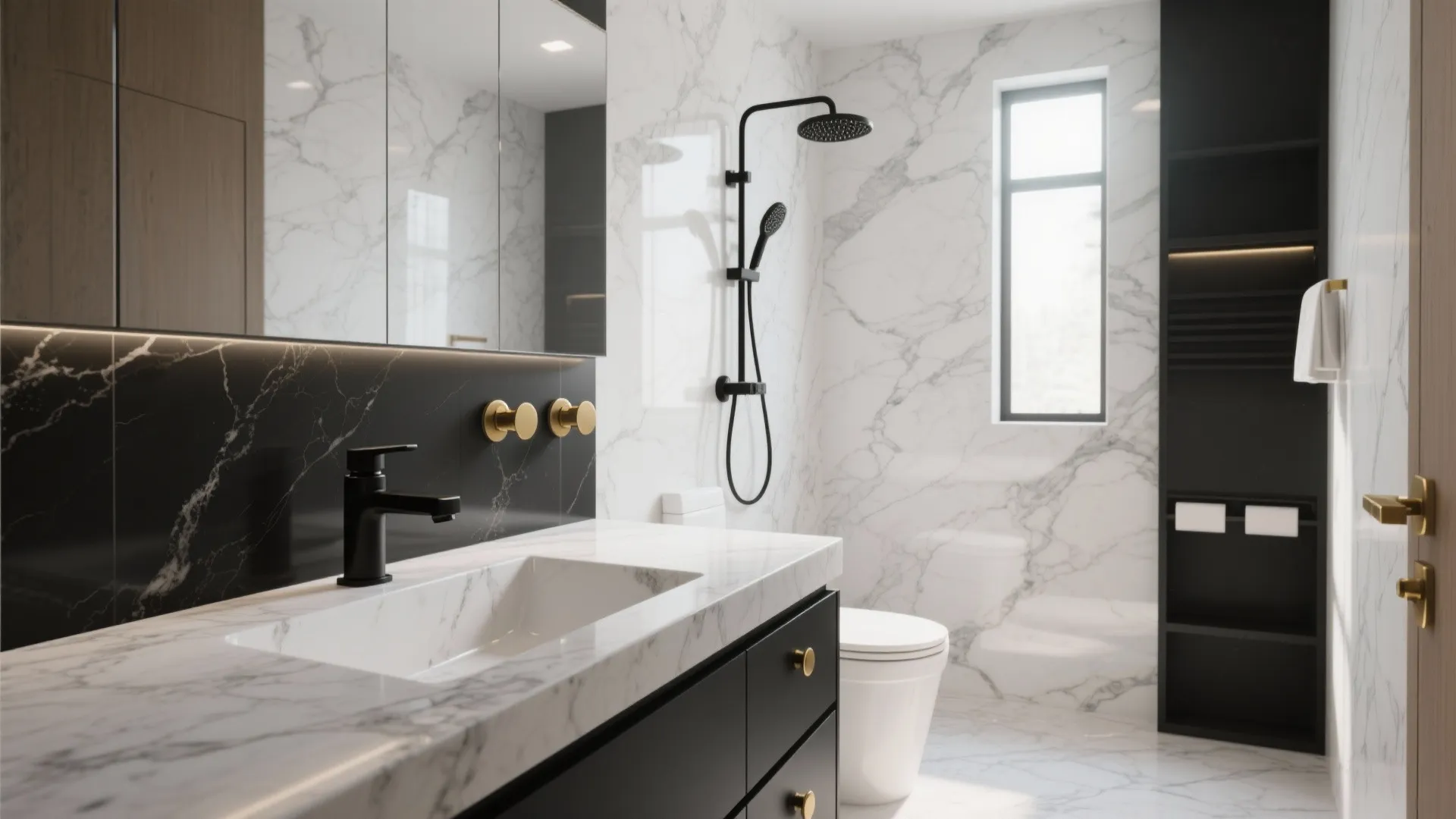 2. Marble-look Whites with Matte Black Fixtures