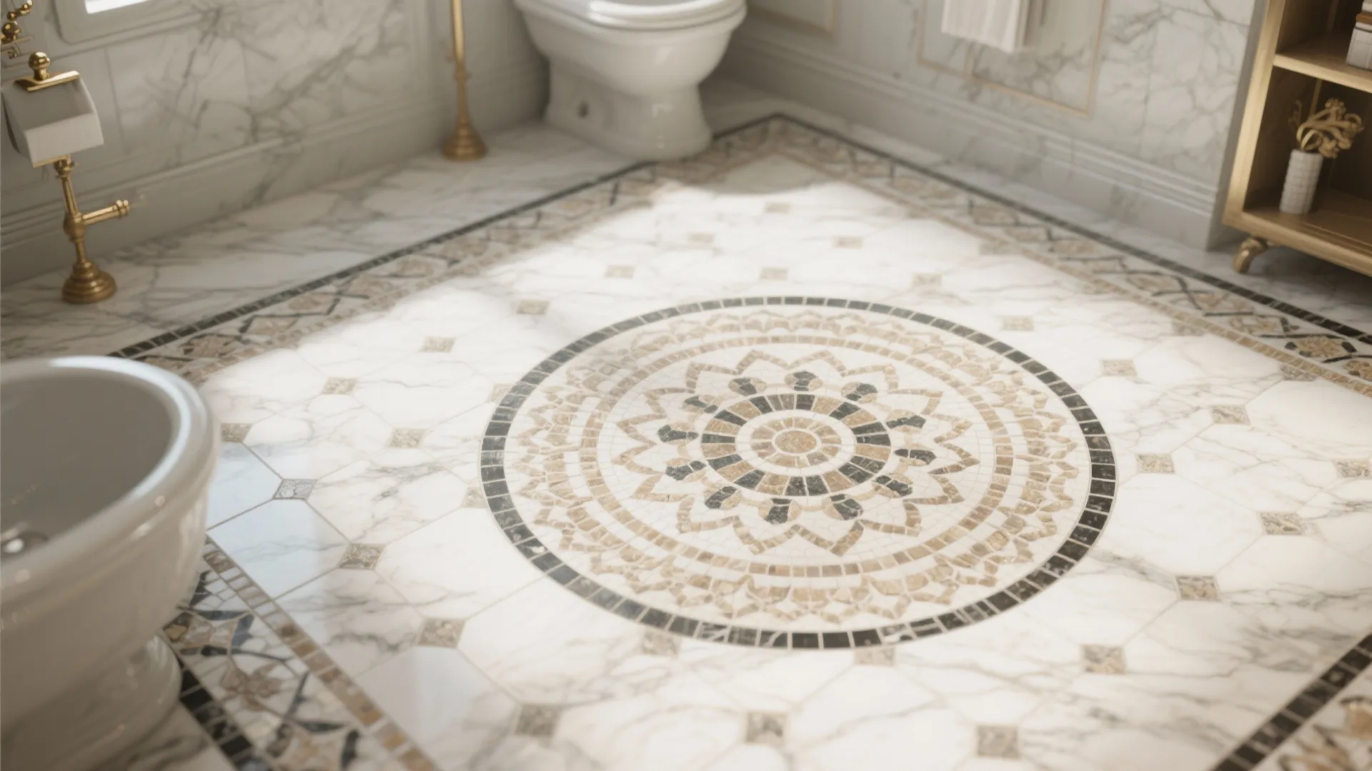 Bathroom floor featuring a decorative round pattern design with marble tiles and gold hardware accents