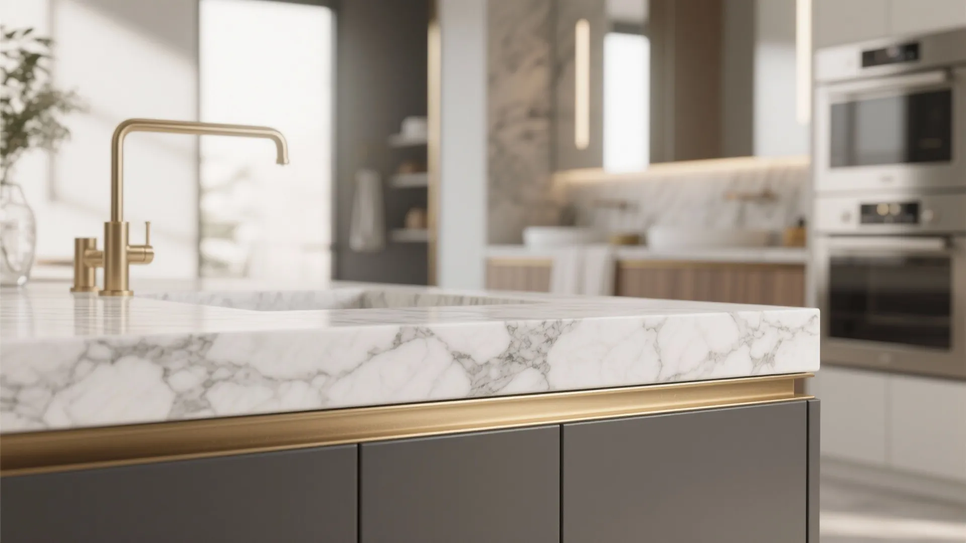 Kitchen island with white marble countertop gold metal trim gold sink tap and black cabinets