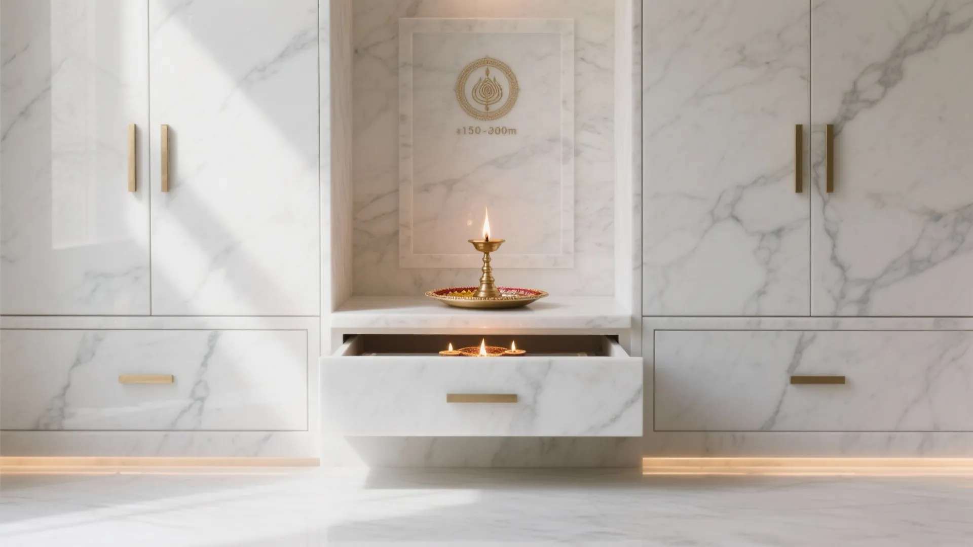 Modern white marble cabinet with gold handles and small oil lamp on a prayer shelf surface