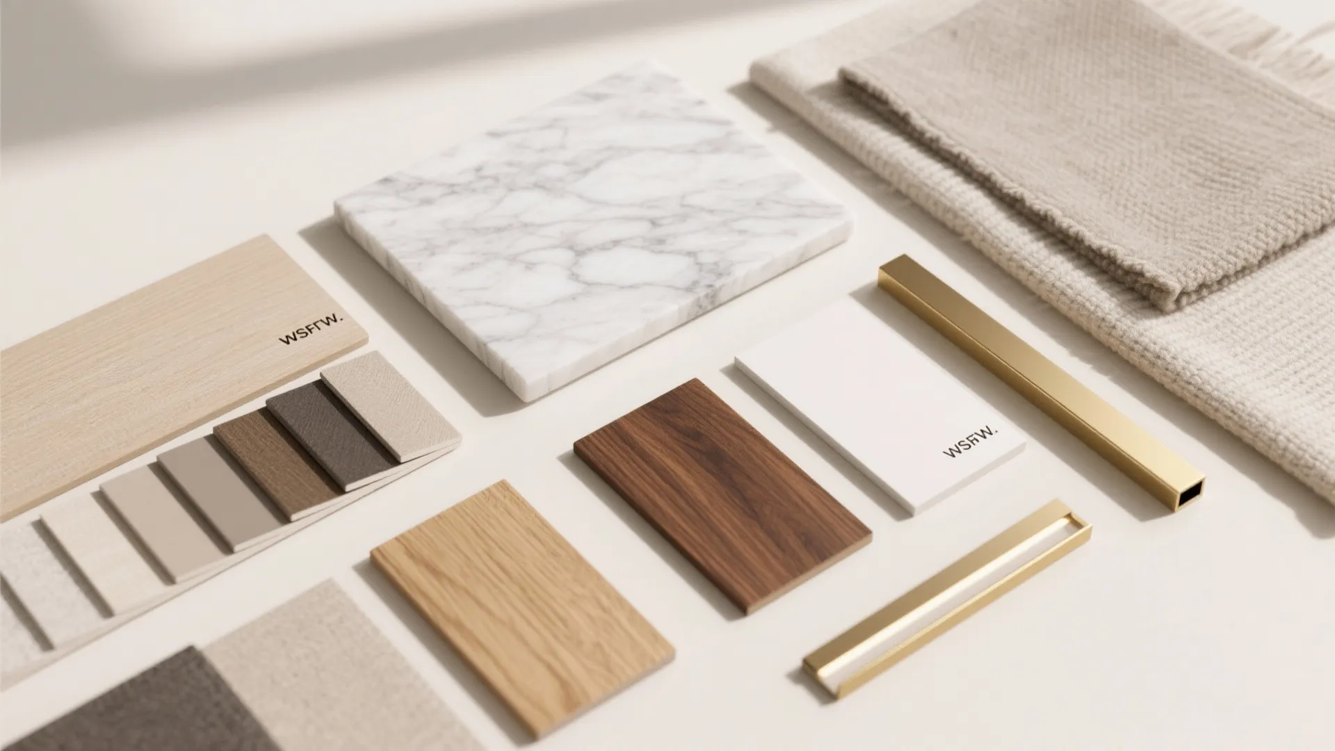 Interior design material board with wood samples marble tile gold metal handles and soft fabric pieces