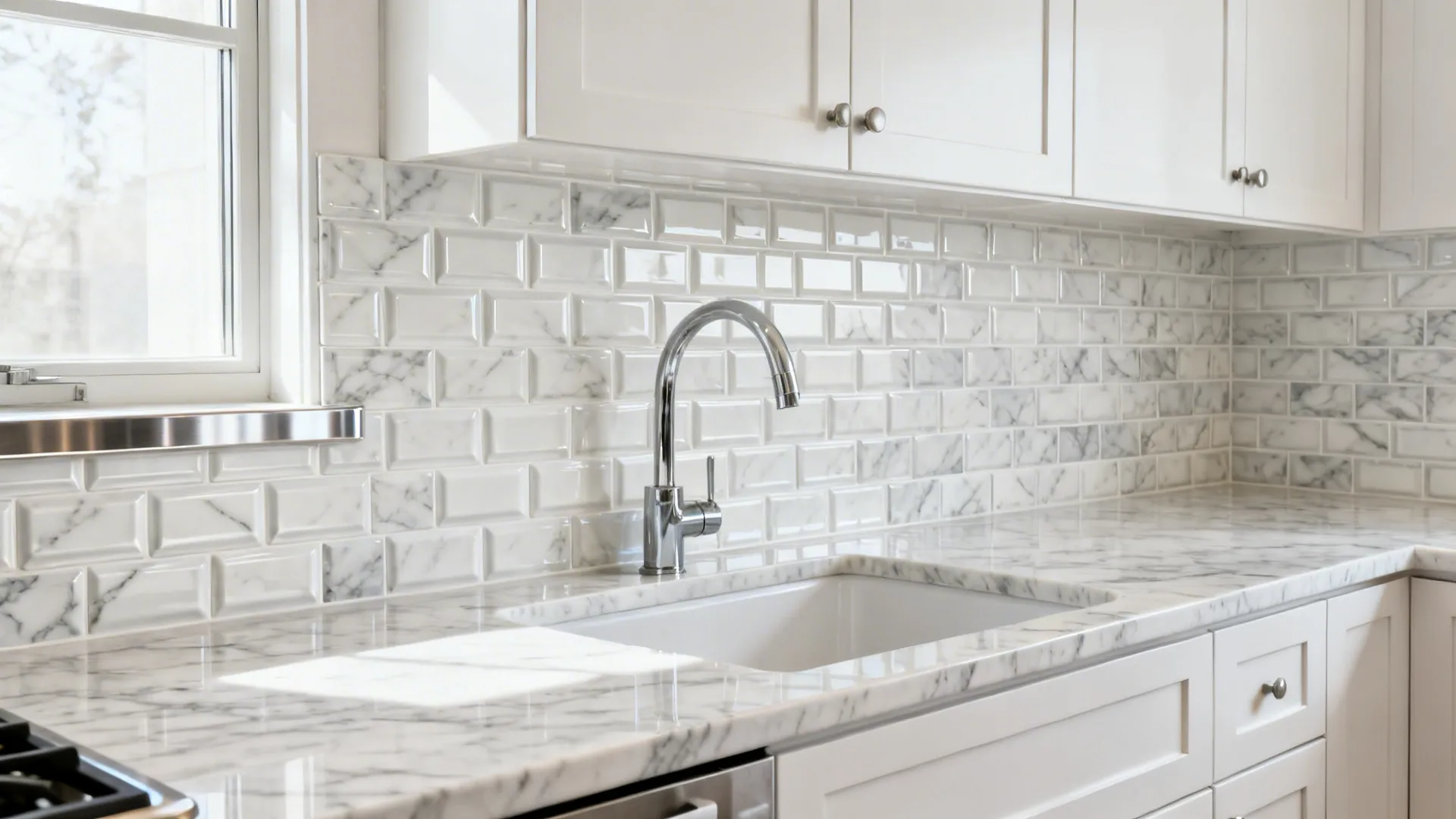 Marble-mosaic look 3D vinyl backsplash with raised grout texture by a kitchen sink.