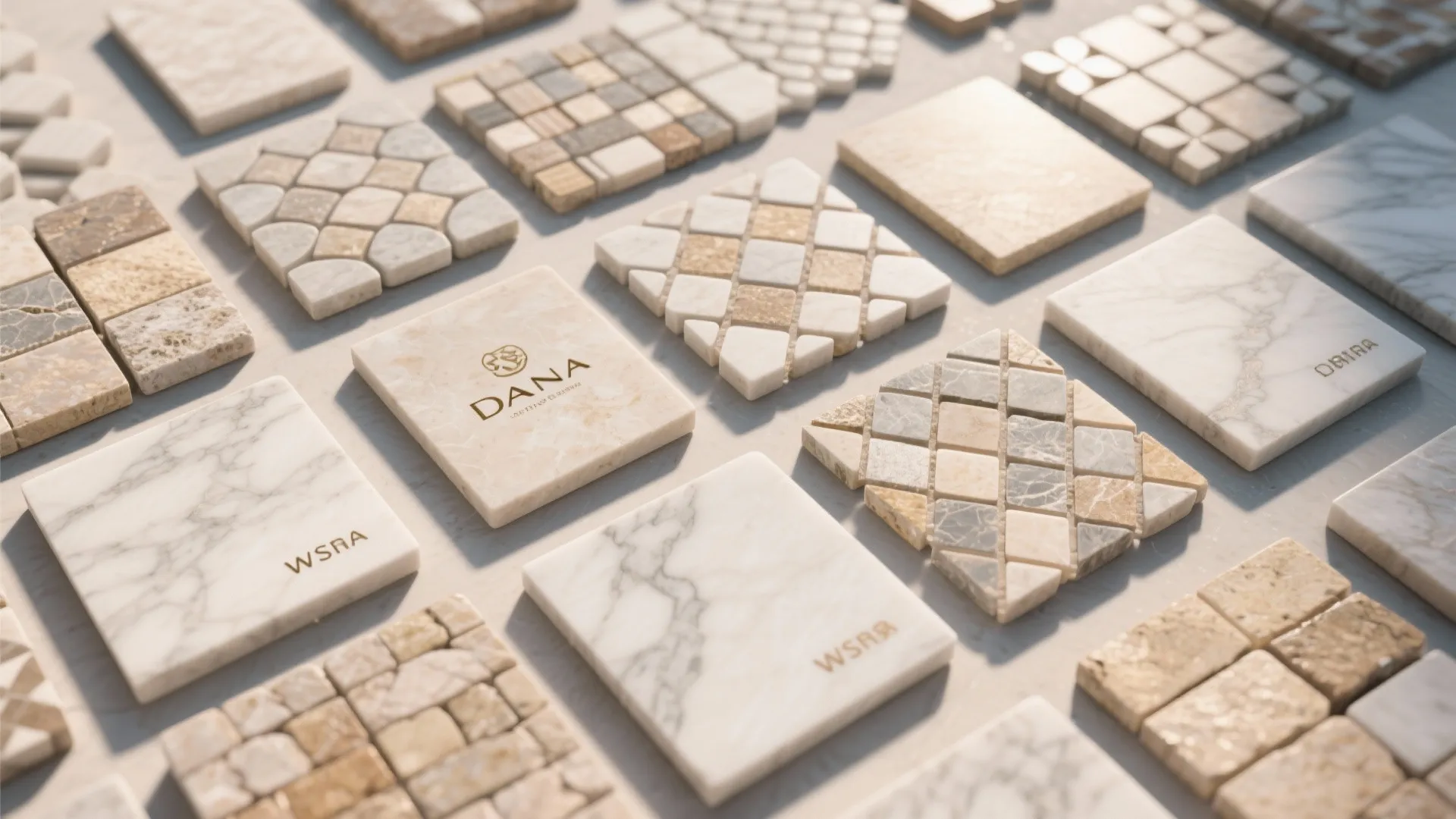 Collection of various marble floor tile samples in different colors and patterns for interior design