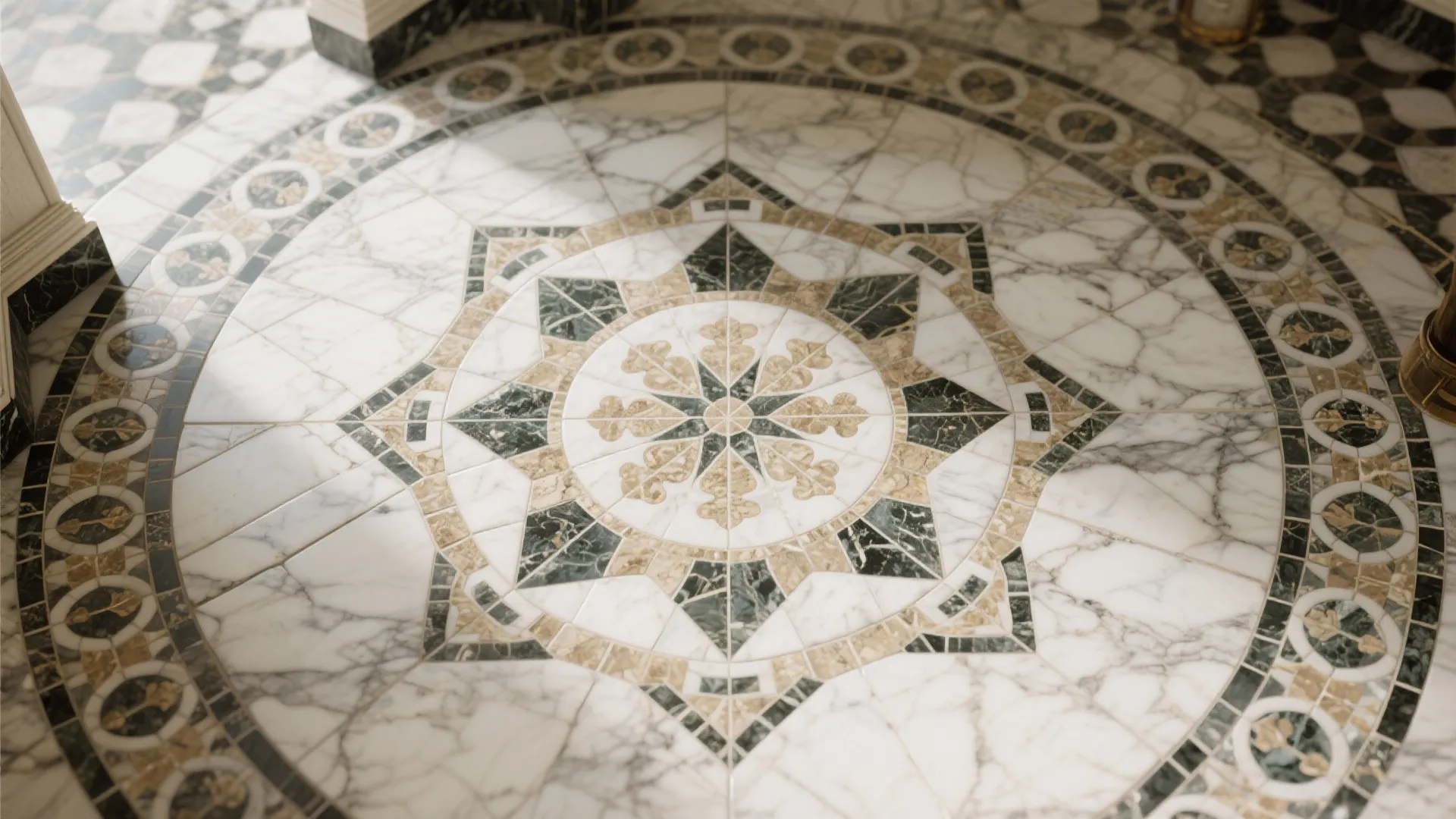 Geometric marble mosaic flooring with light and dark tones