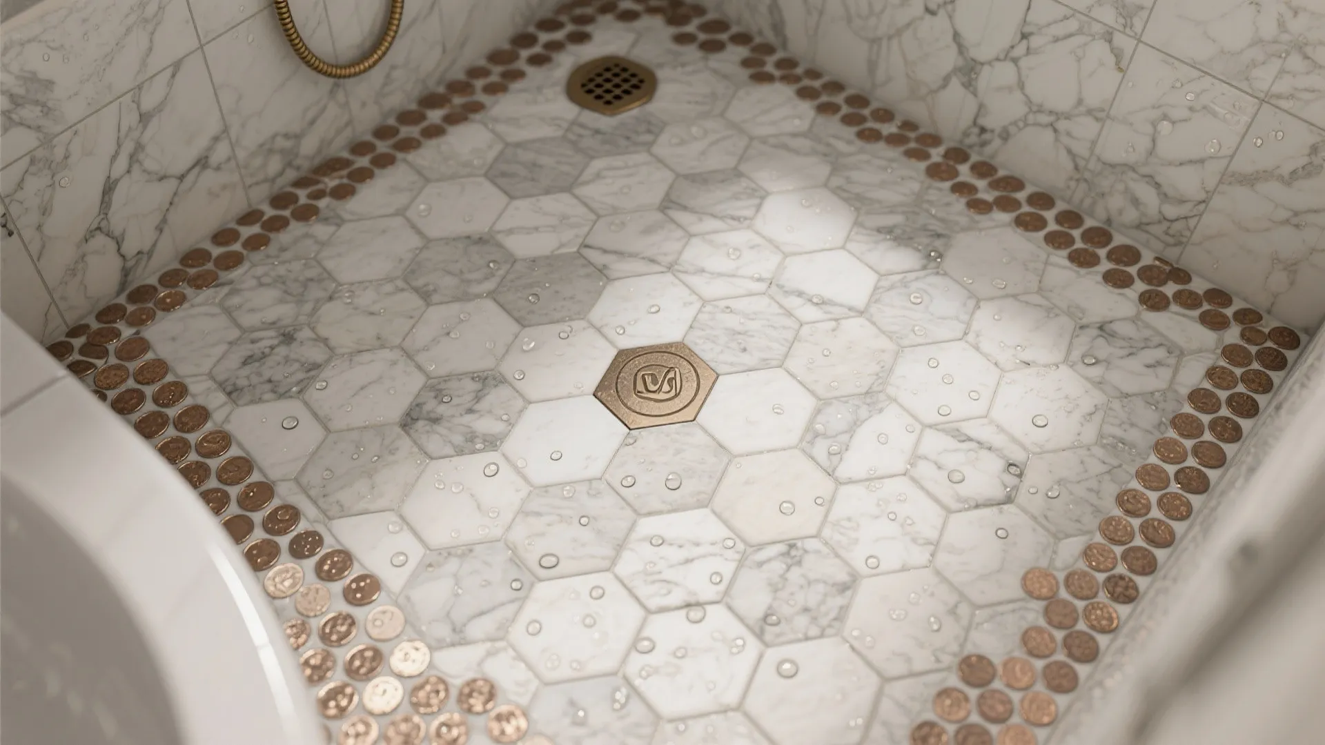 Hexagonal white marble floor tiles with round bronze mosaic borders and a central metal drain