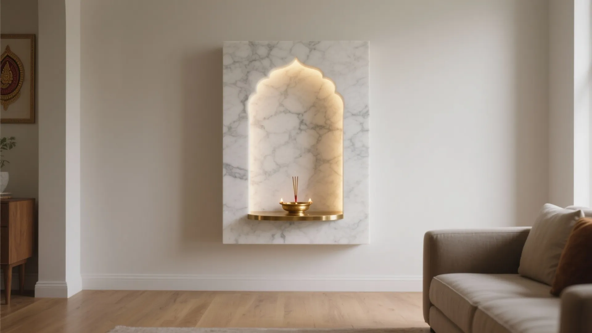 Shallow marble wall niche with a brass shelf and soft LED backlight in a small living room.