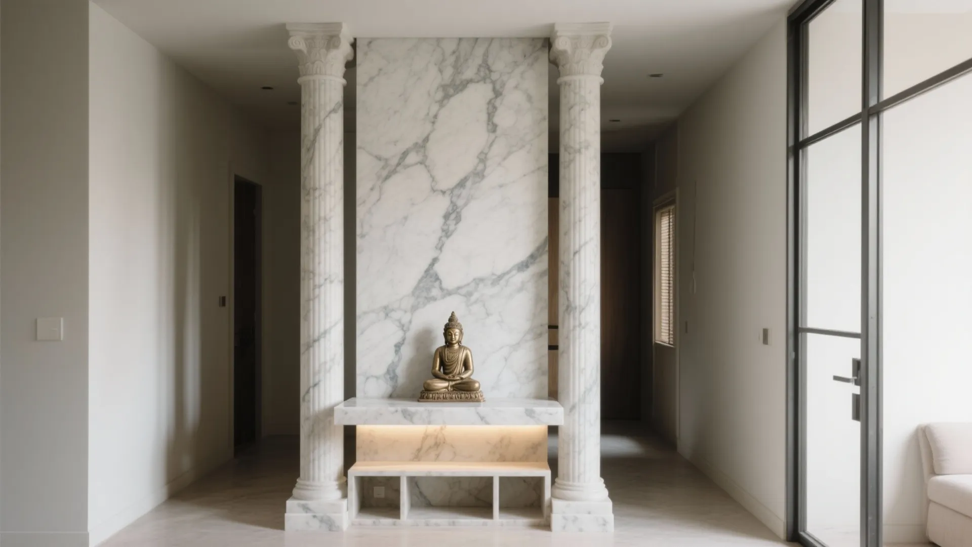 Modern marble wall feature with golden statue on a shelf between two tall white pillars