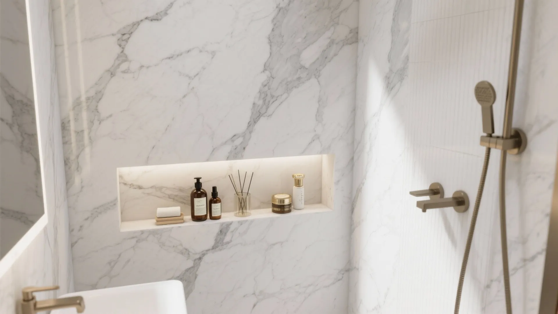 Shower with built-in marble niche and ledge