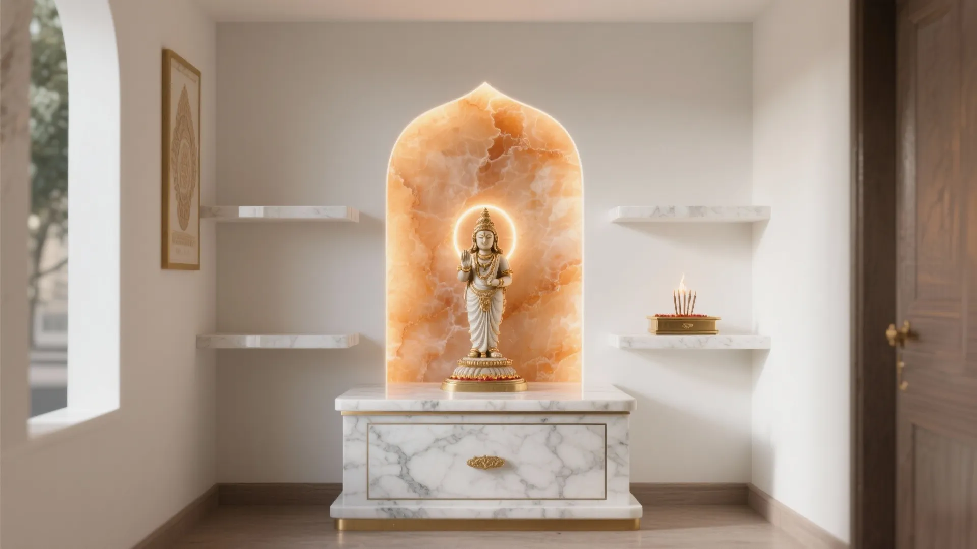 Statue inside arched orange wall niche with backlighting above a white marble cabinet and shelves