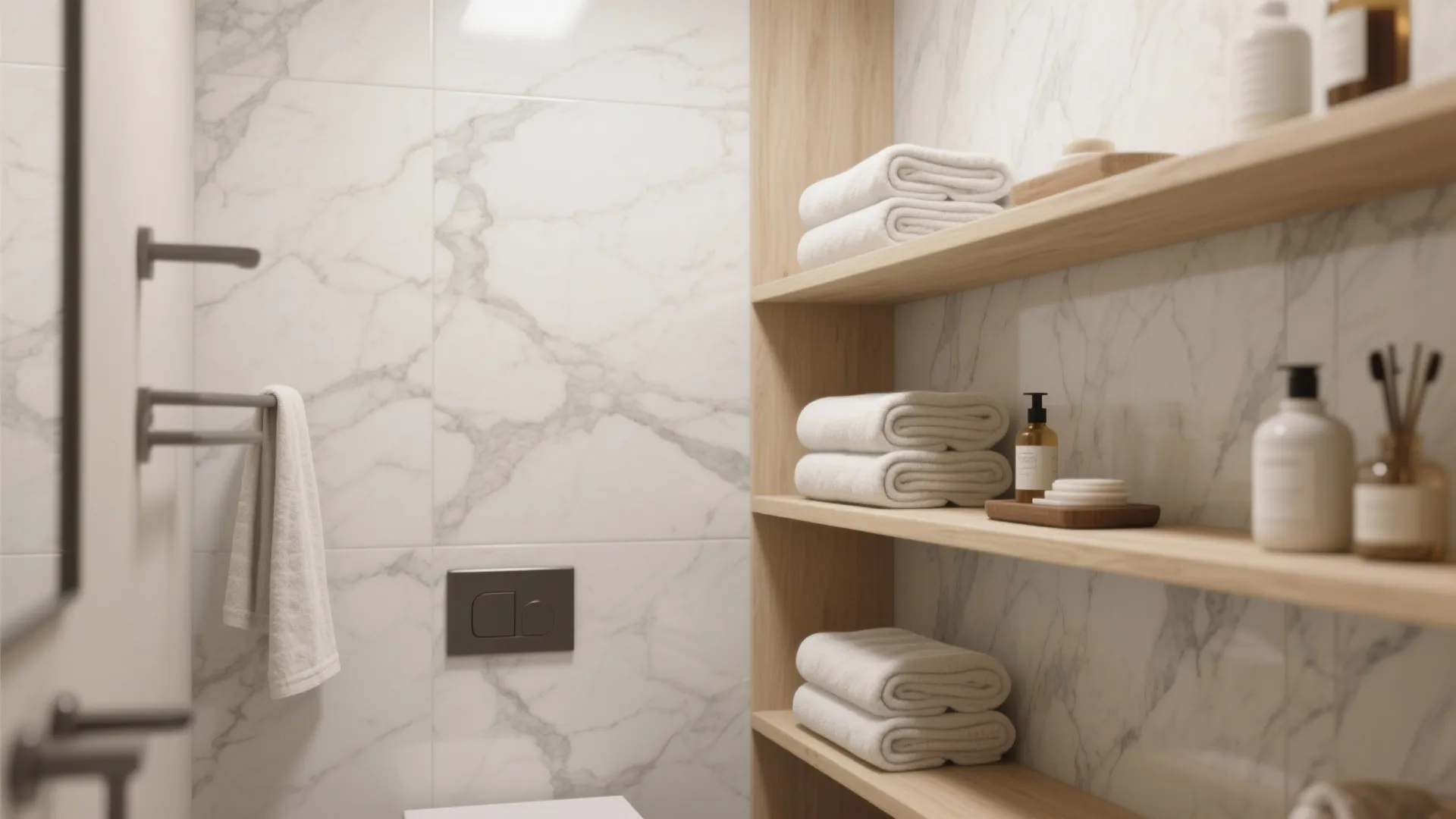 Open bathroom shelves with marble back panels and wood shelves