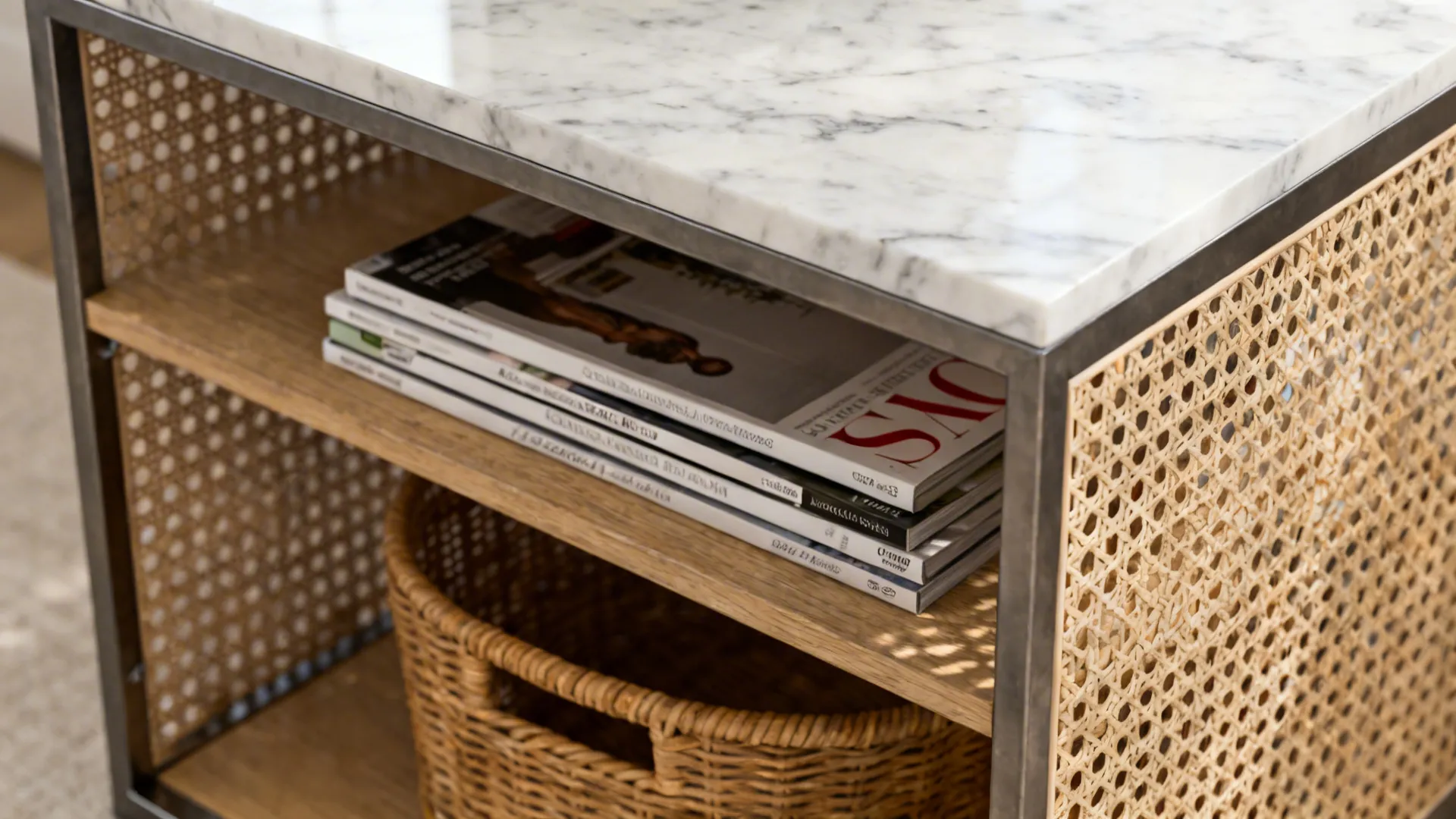 4. Marble Top Side Table with Open Storage Base