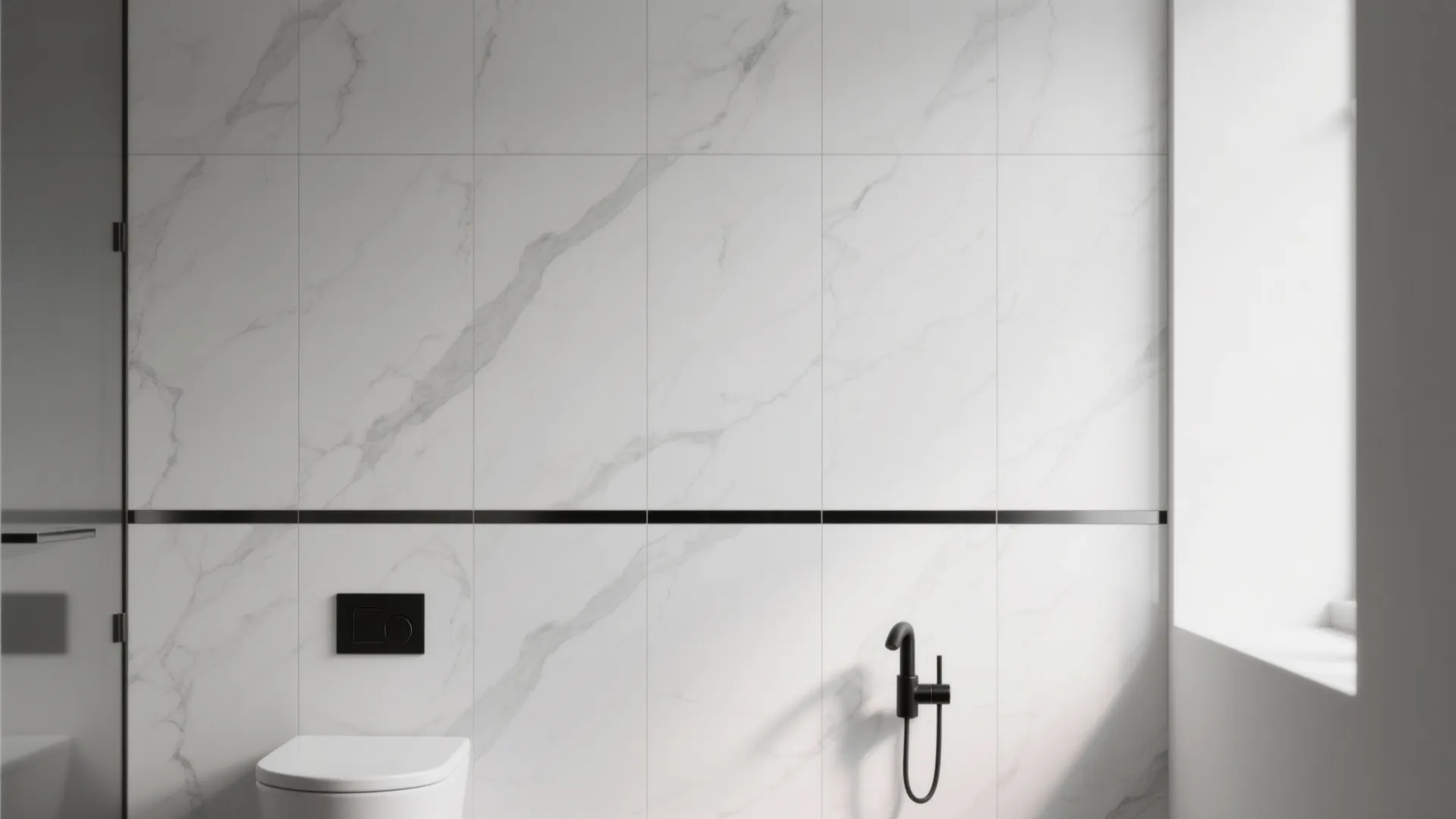 Large-format white marble-look porcelain panels with minimal grout lines and black accents