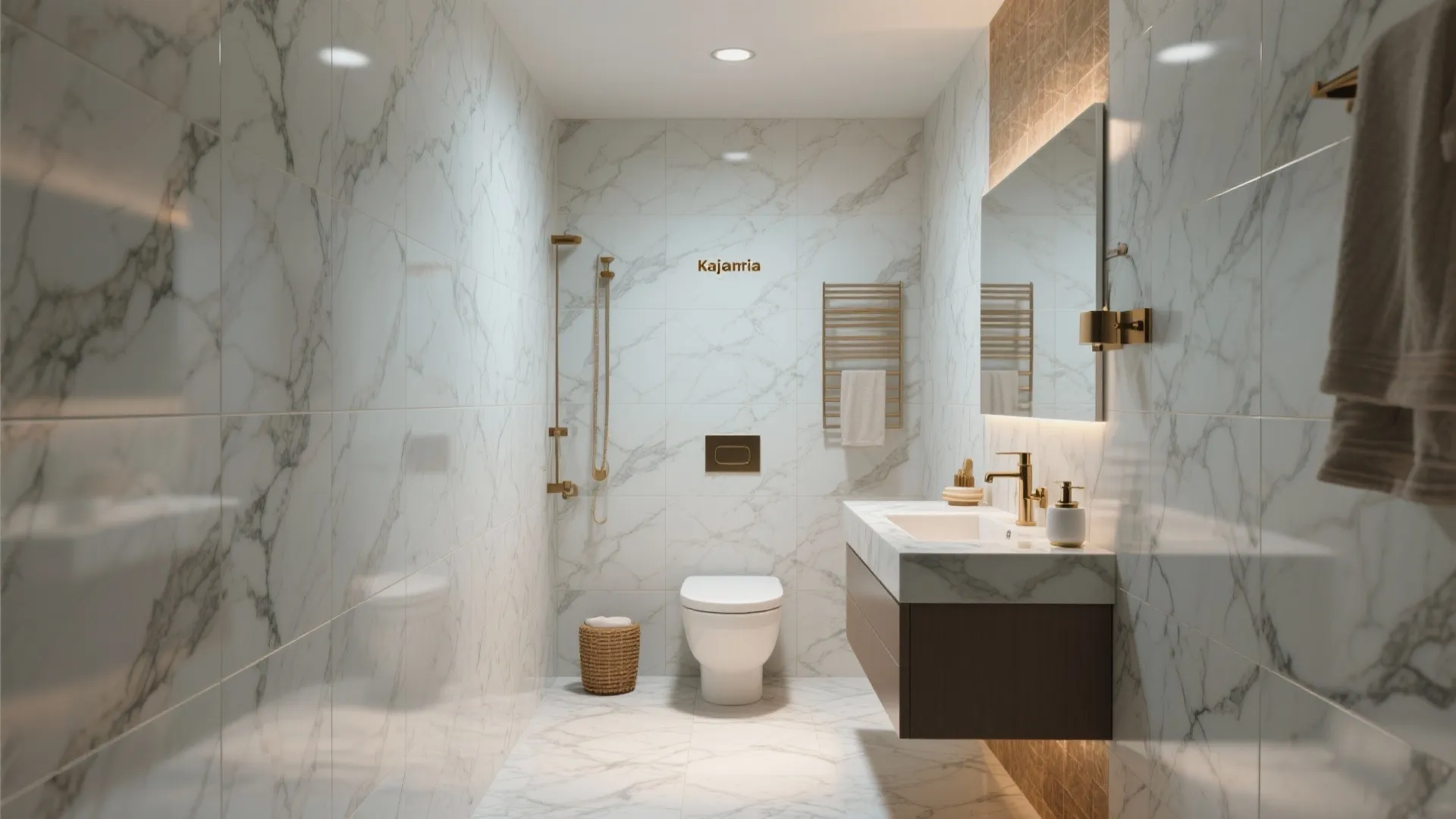 Luxury bathroom with white marble walls and floor gold light fixtures floating cabinet and mirror