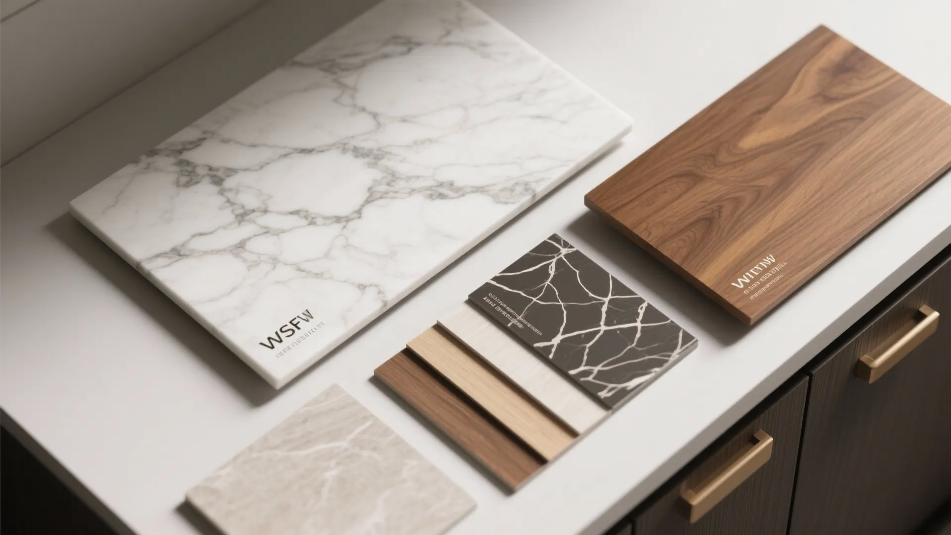 Marble and wood material samples placed on a white cabinet with gold handles for interior design