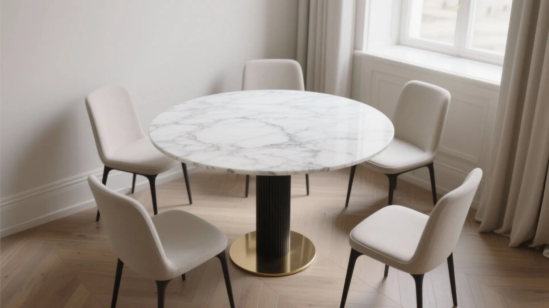 Round white marble dining table with five modern chairs on a light wood pattern floor