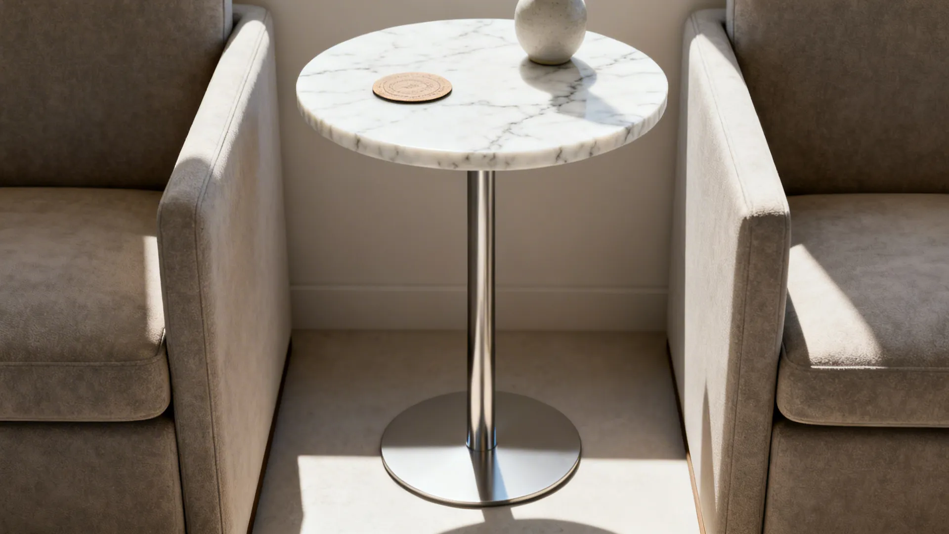 Round white marble side table with metal base placed between two beige chairs in sunlight