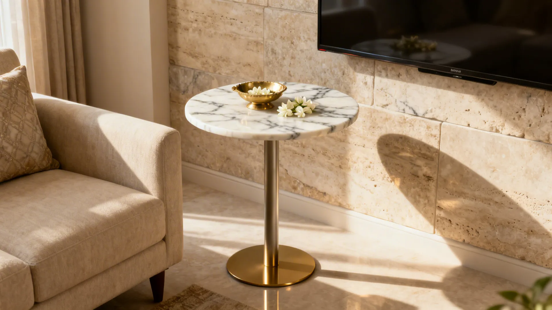 Marble-topped pedestal corner table with brass urli in a luxe Indian living room.