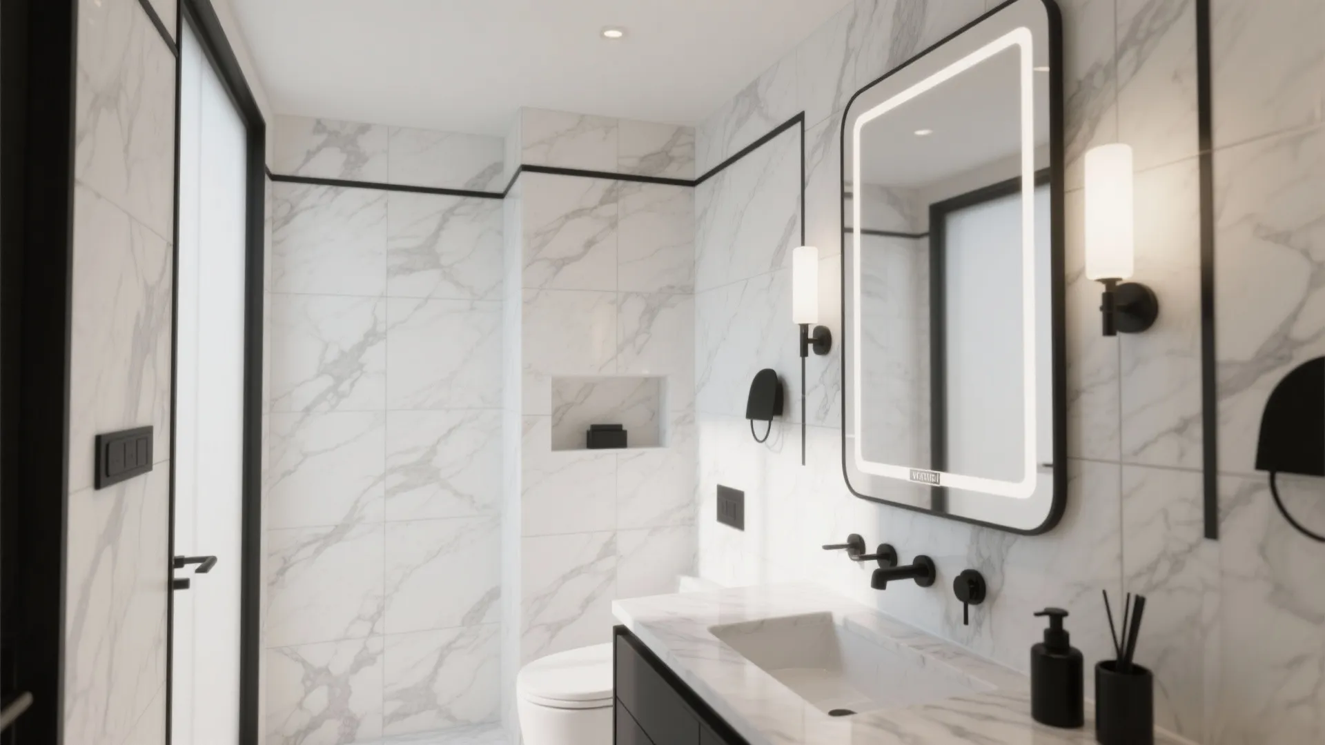 Marble-Look Black and White Tiles with Thin Pencil Trims