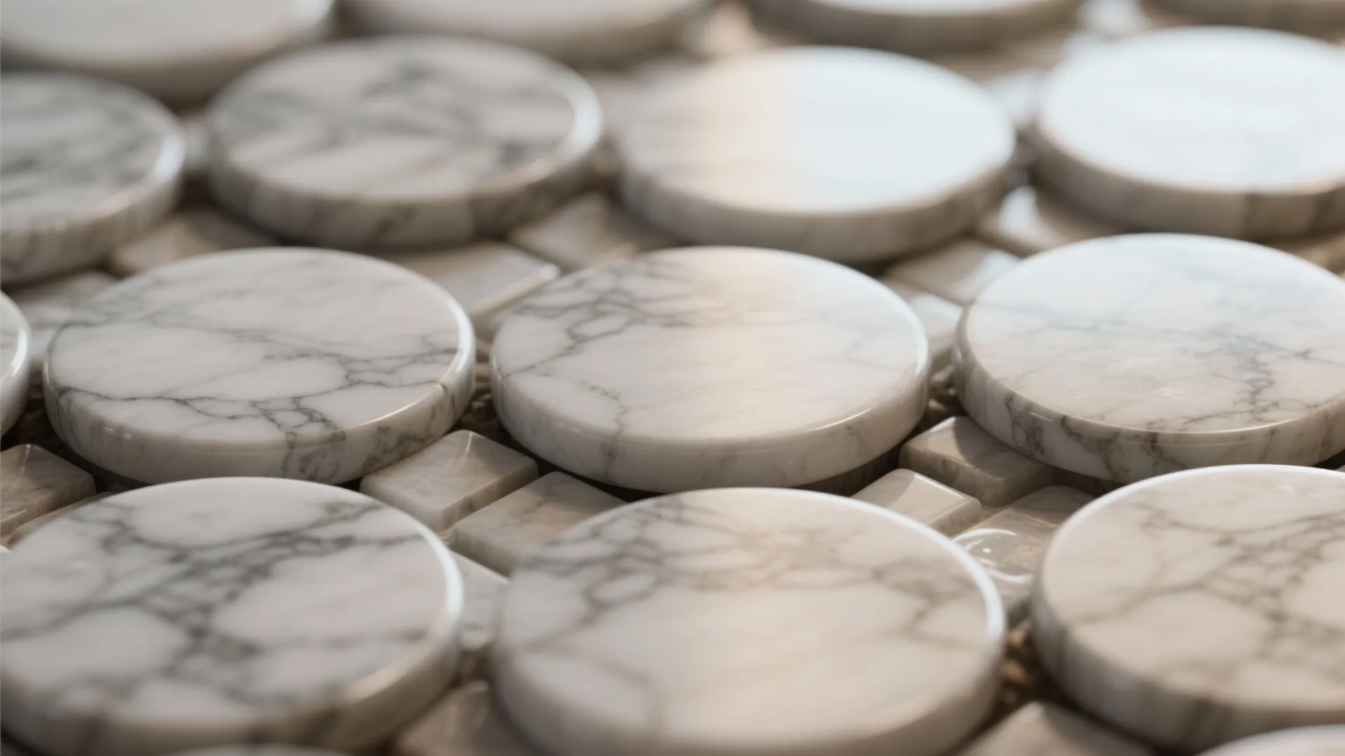 Close up view of white marble round floor tiles with natural grey veins for bathroom