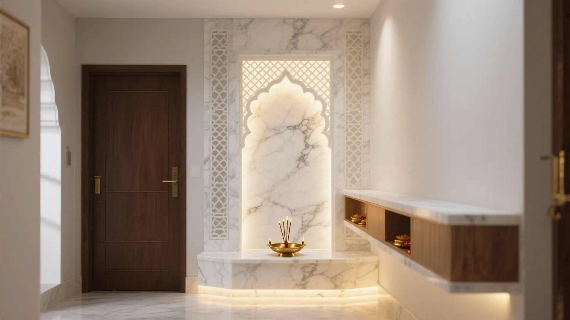 White marble prayer area with arched wall design beside dark wood door and marble floor