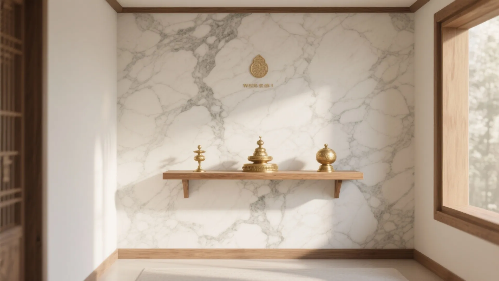 White marble wall with wooden shelf holding three golden decorative objects beside a large window