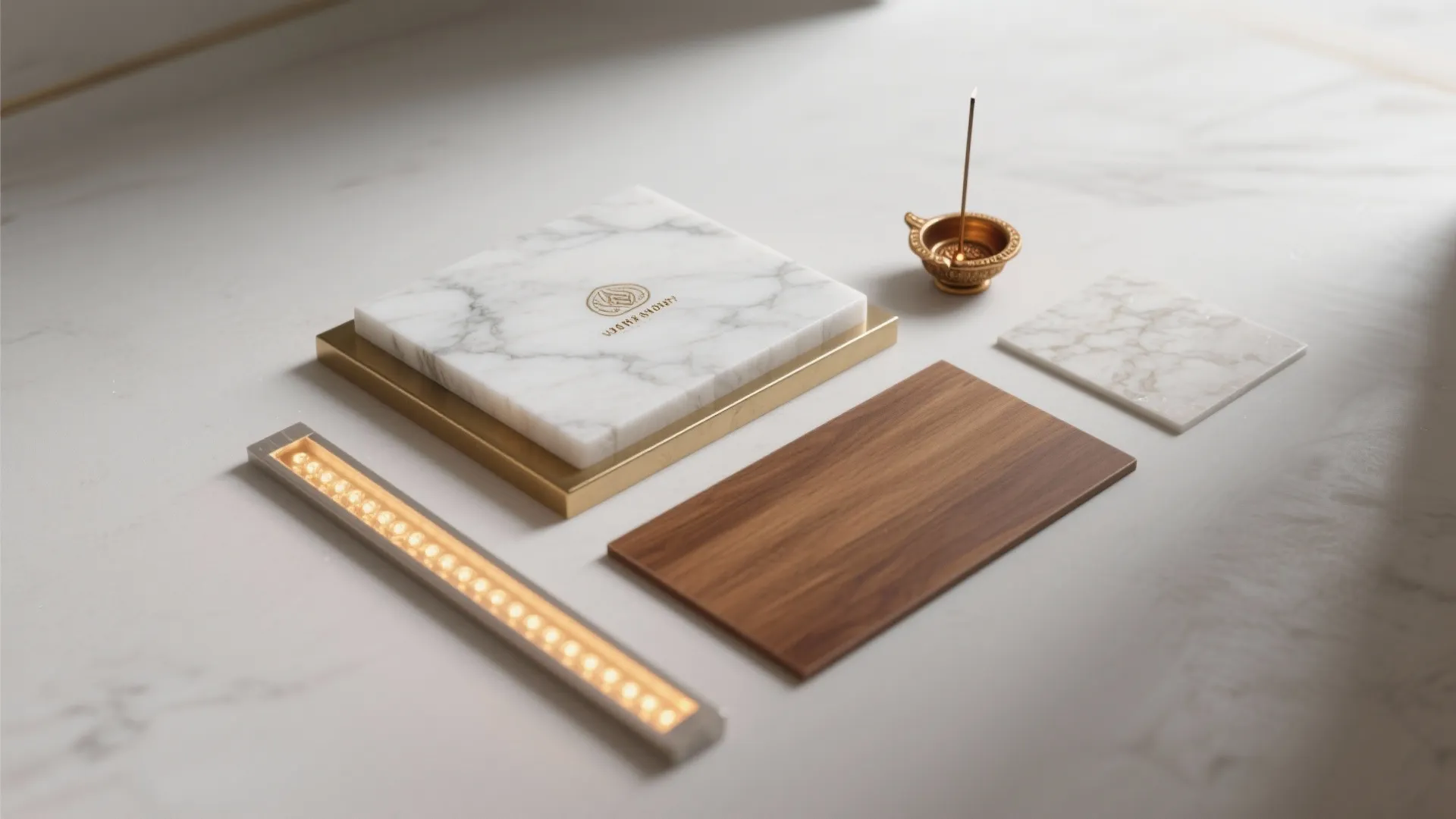 Flatlay of honed white marble, brushed brass, teak, and warm LED strip samples.