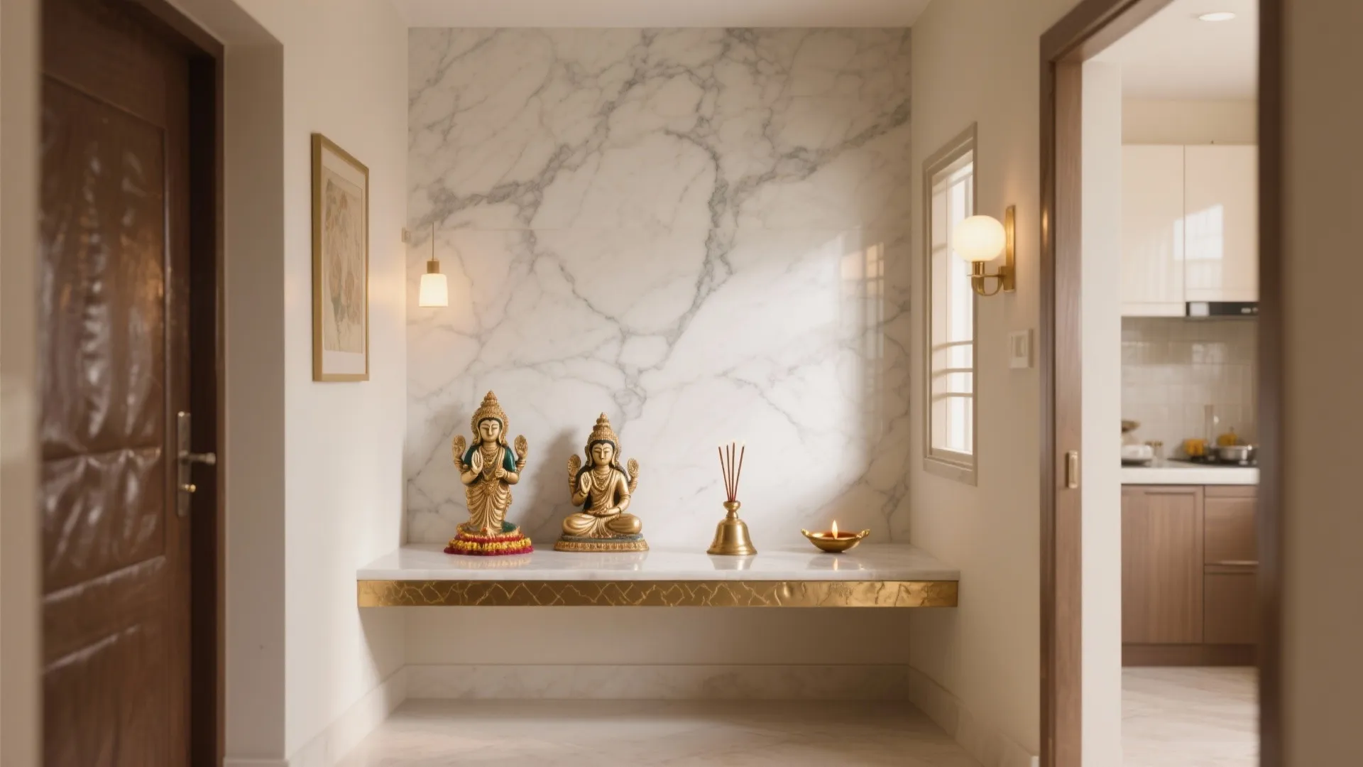 Marble prayer room with gold statues and incense sticks on a white shelf with lighting