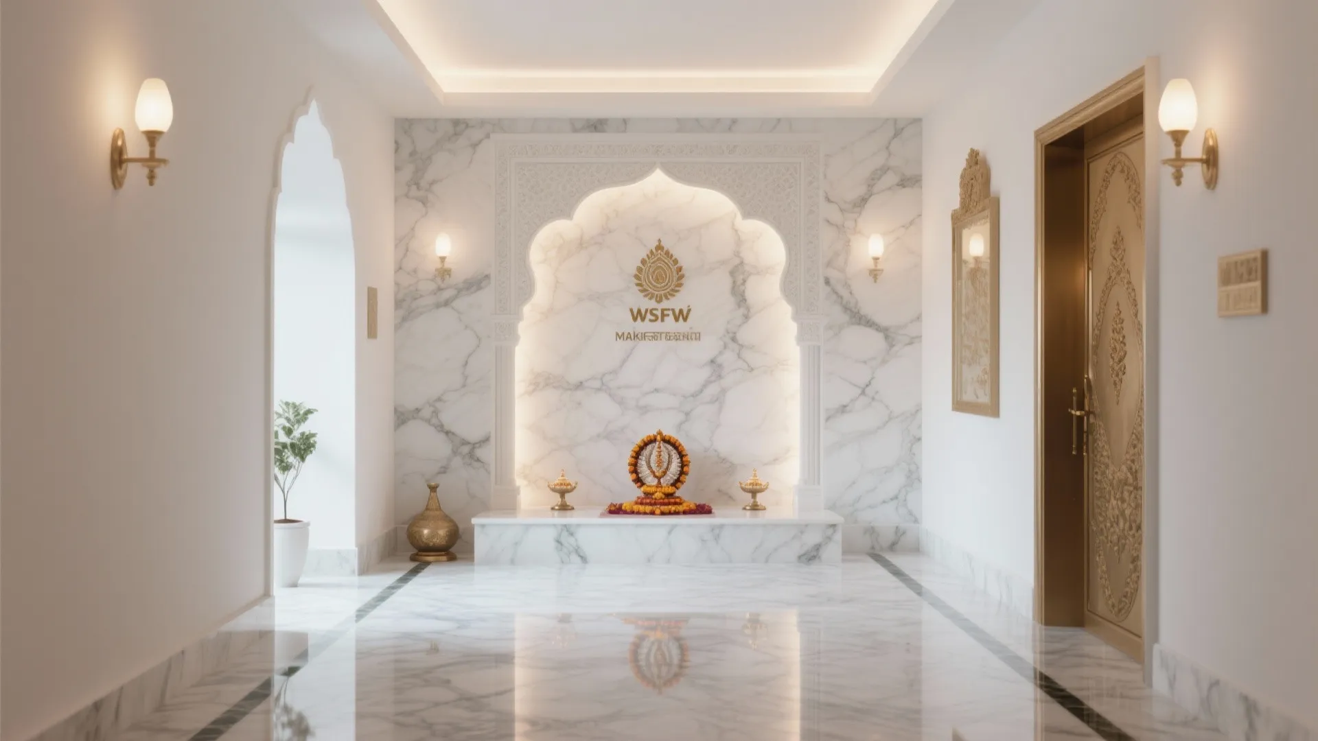 Modern white marble prayer room with gold wall lights and a small decorated floor altar