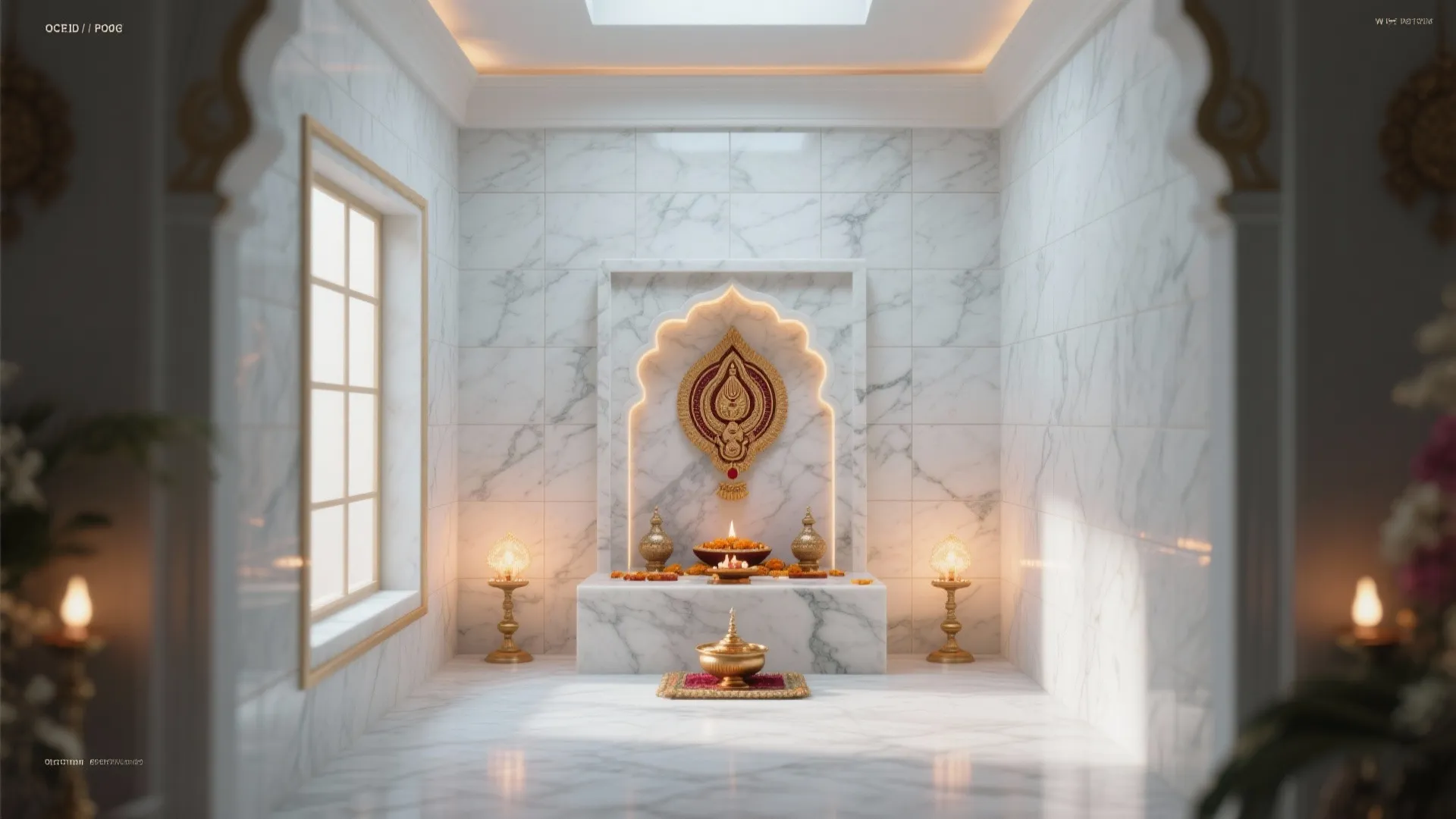 Bright white marble prayer space with gold wall art matching light fixtures and large side window