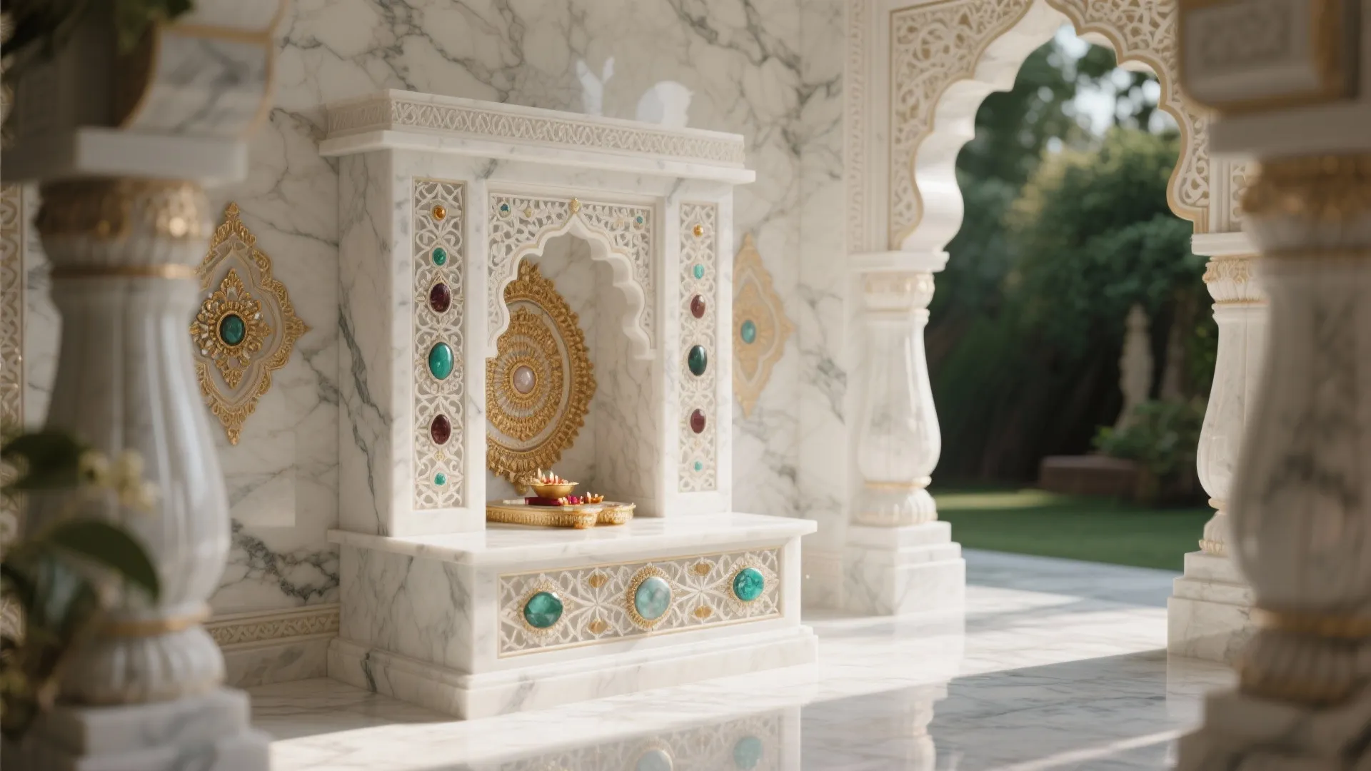 White marble prayer unit with green gems and intricate carvings inside a bright and room