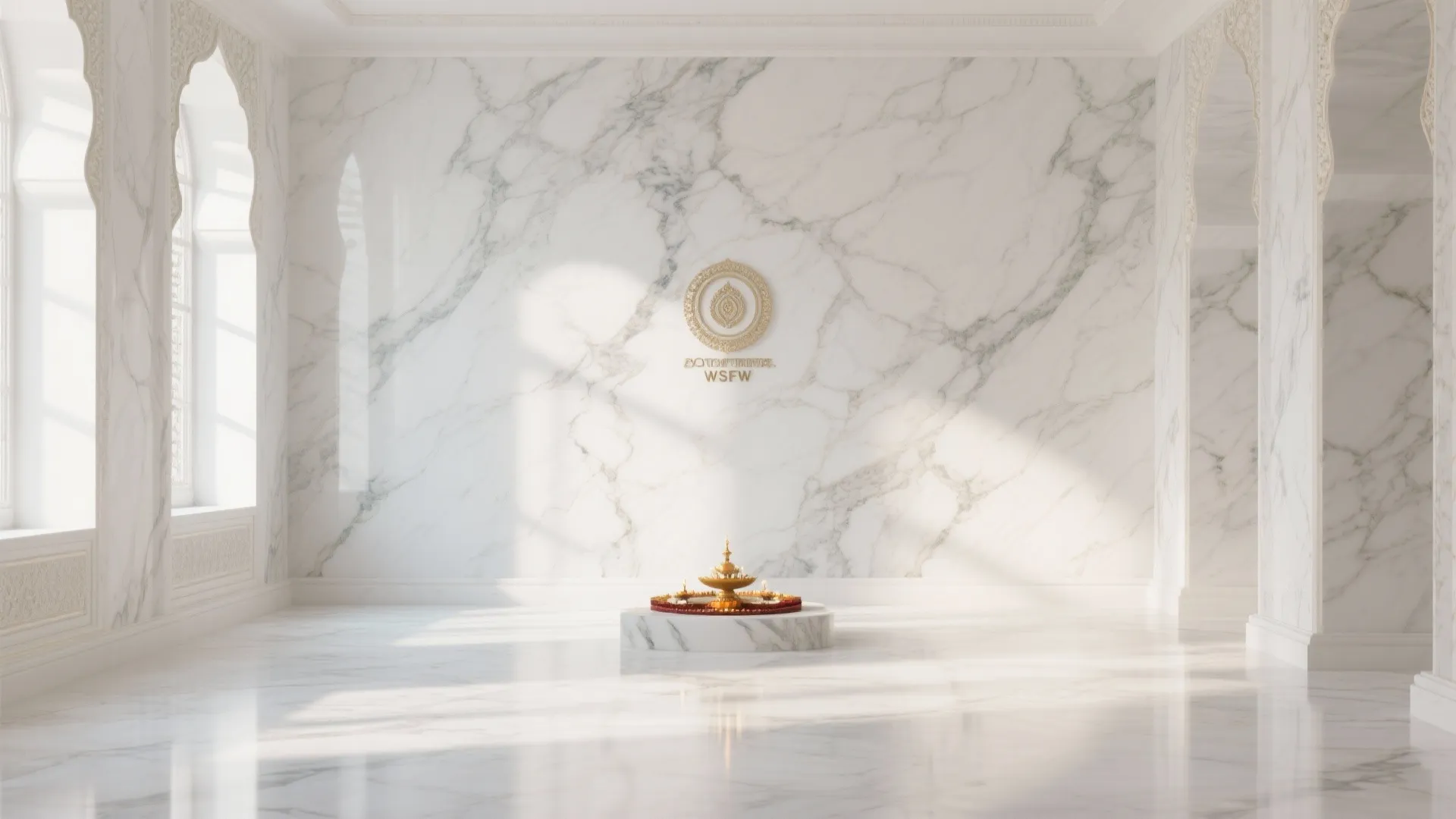 White marble room with gold wall decoration small floor stand and sunlight from arched window