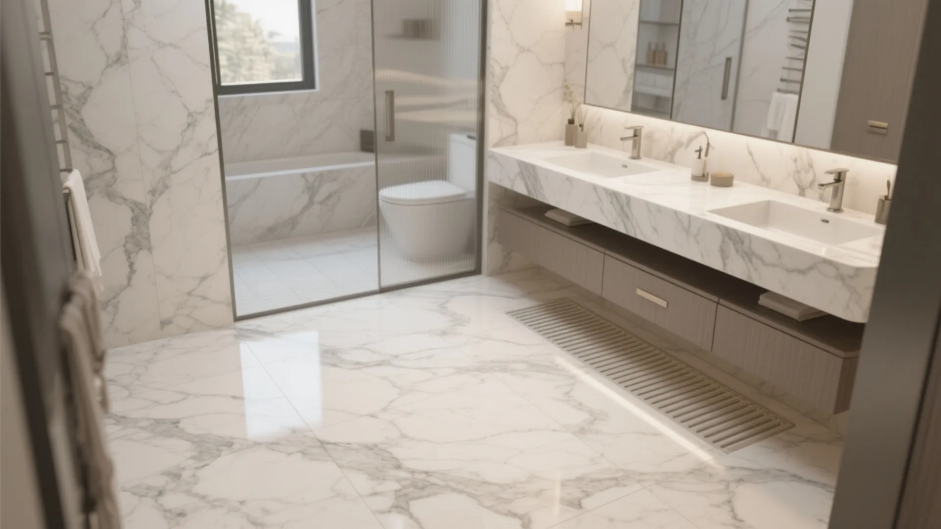 Modern bathroom design with marble tiles on floor and walls white double sinks and mirrors