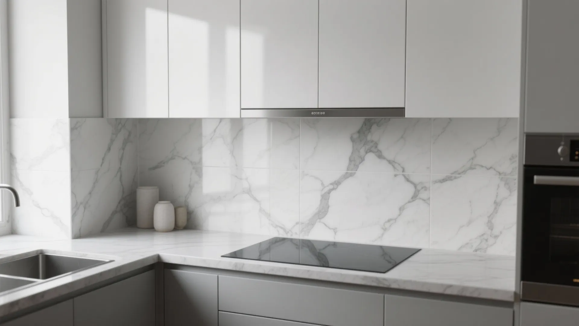 Modern kitchen with white marble wall tiles grey base cabinets white wall units and stove
