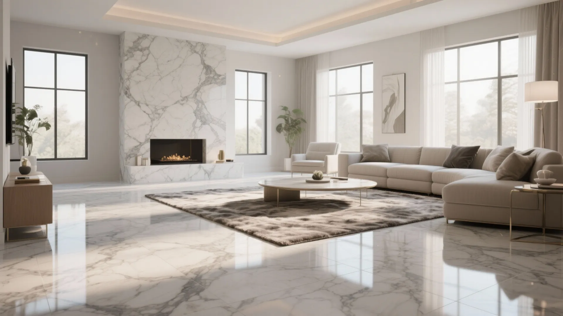 Modern bright living room featuring white marble flooring a marble fireplace and a beige sofa