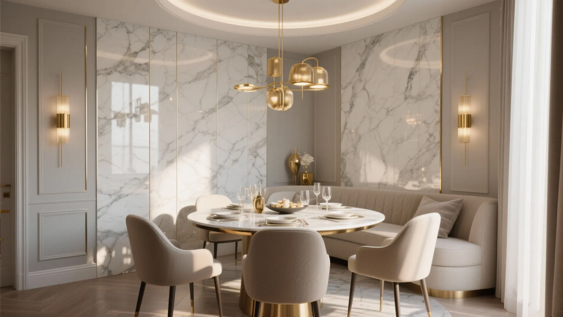Luxury dining room with round marble table beige chairs curved sofa and gold ceiling light