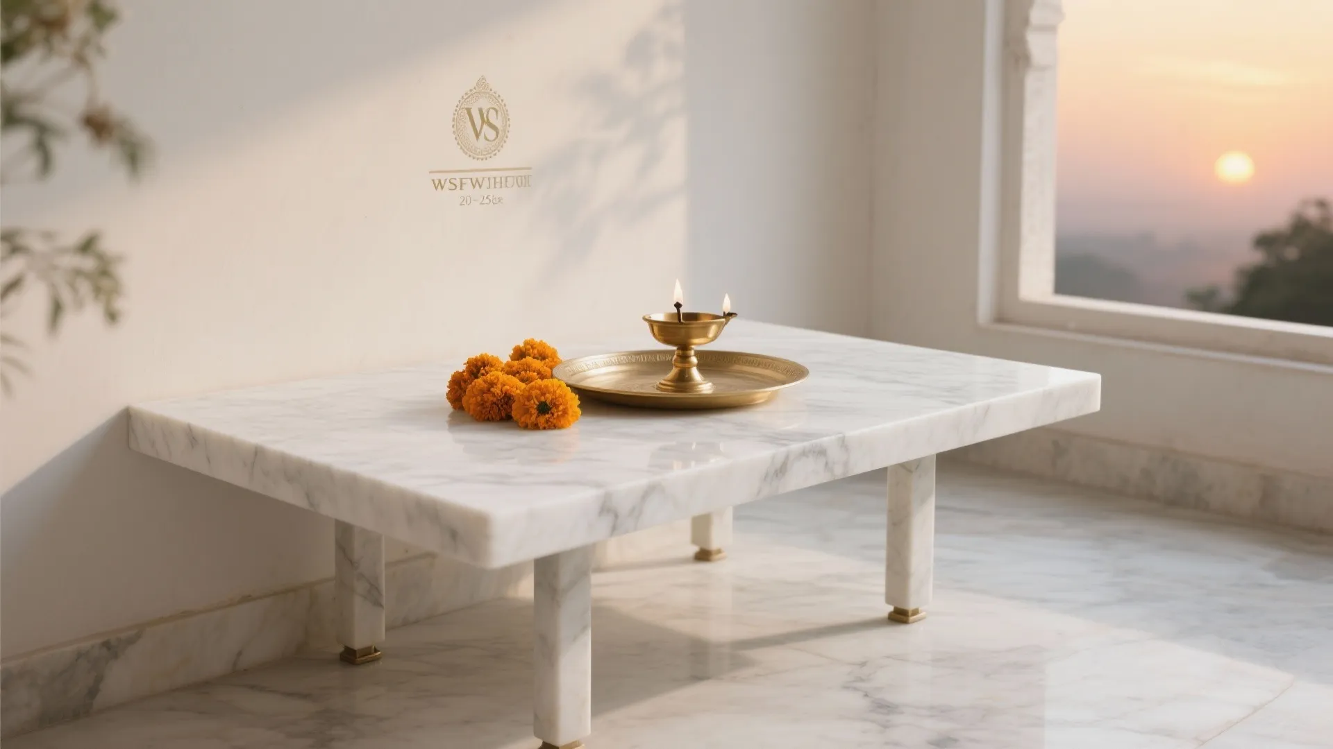 White marble or off-white quartz pooja slab with subtle veining and brass diya.