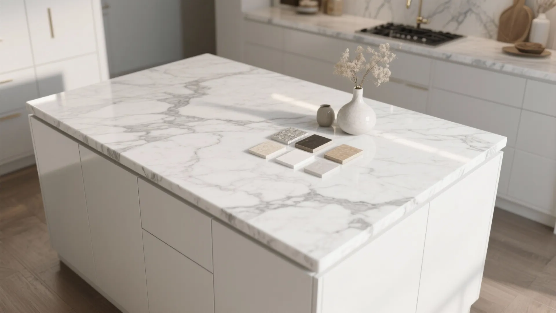 Modern white kitchen island with marble top featuring small stone samples and a white vase