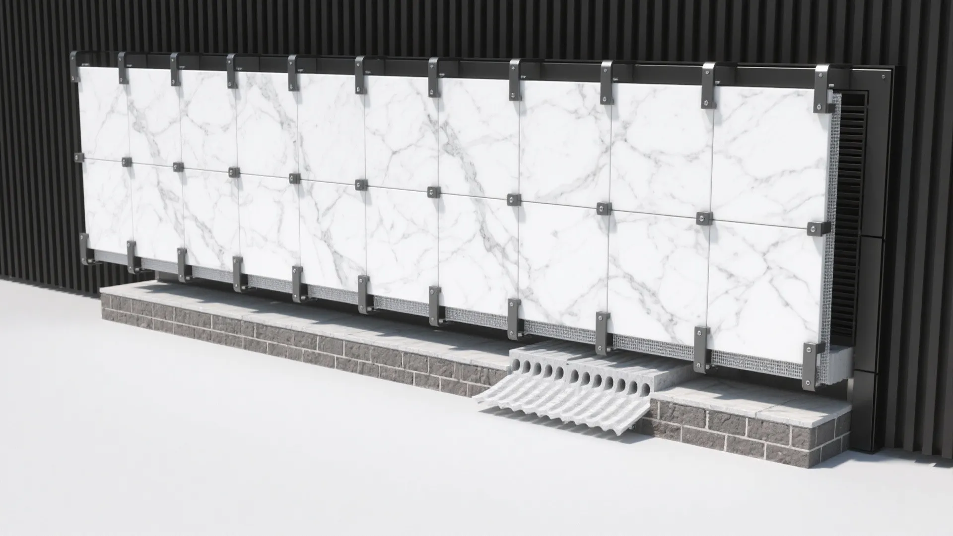 White marble wall tiles installed on metal frame with clips over a grey brick base