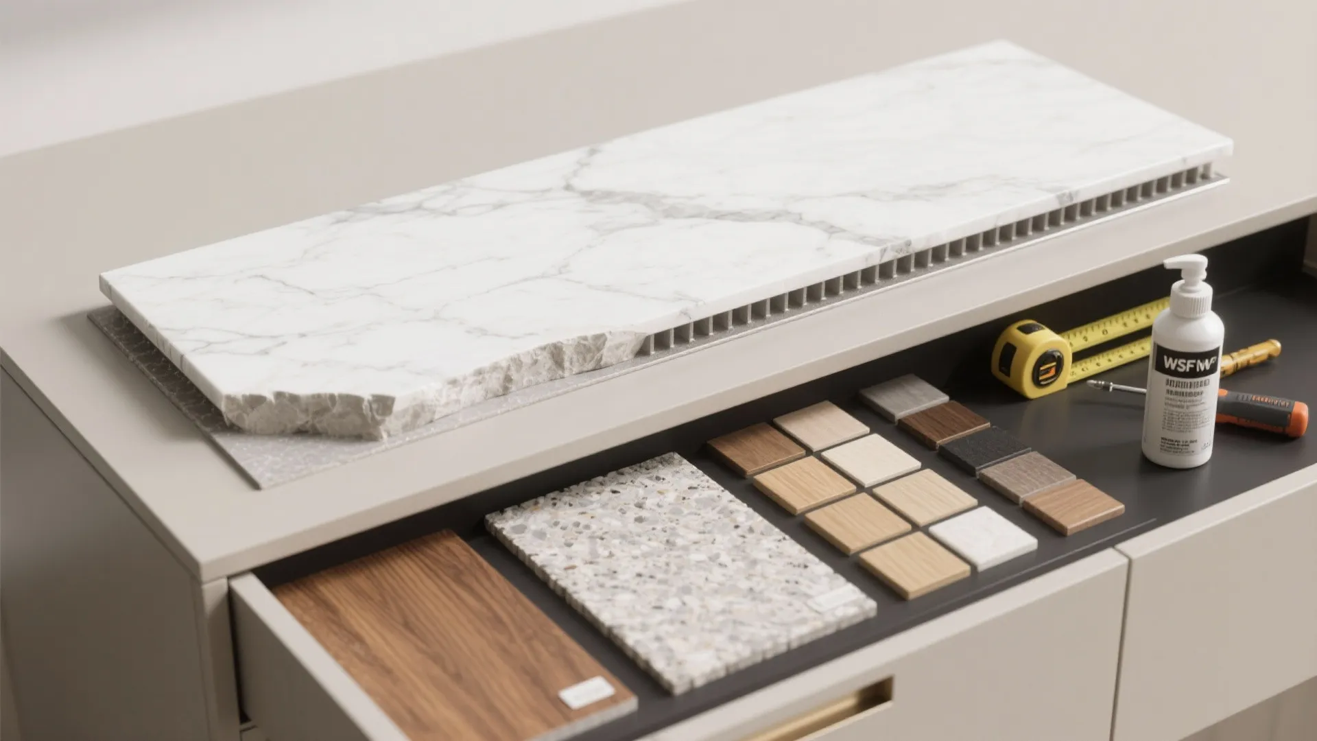 5. Marble top on modular cabinet for flexible budgets