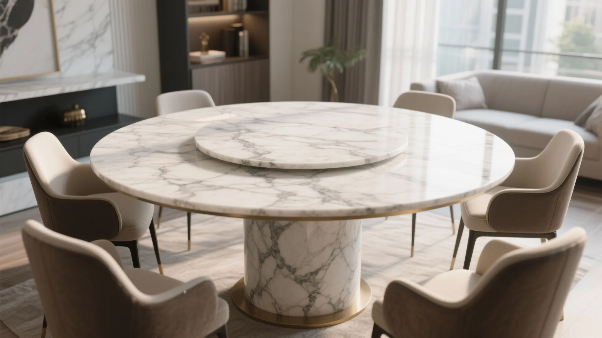 Modern round marble dining table with swivel tray and six beige chairs in bright living room
