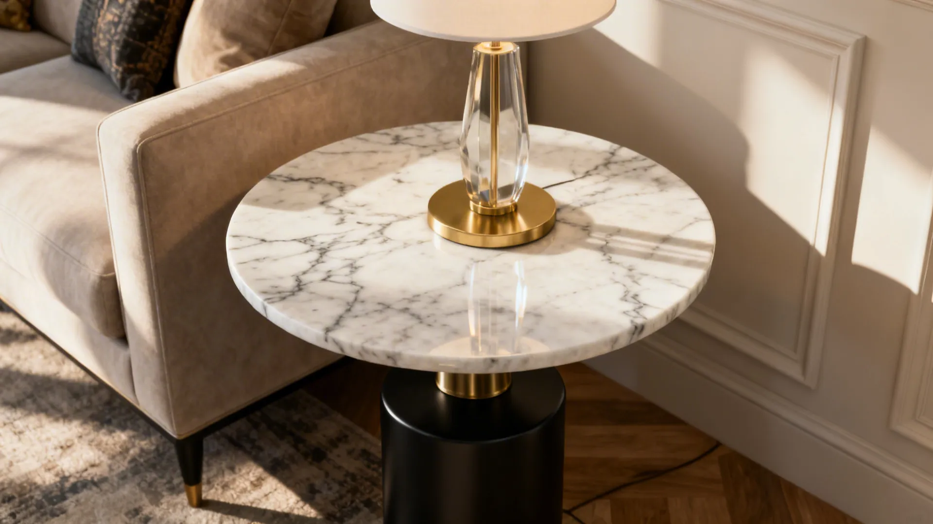 Marble-top round side table with veined surface and elegant base holding a lamp