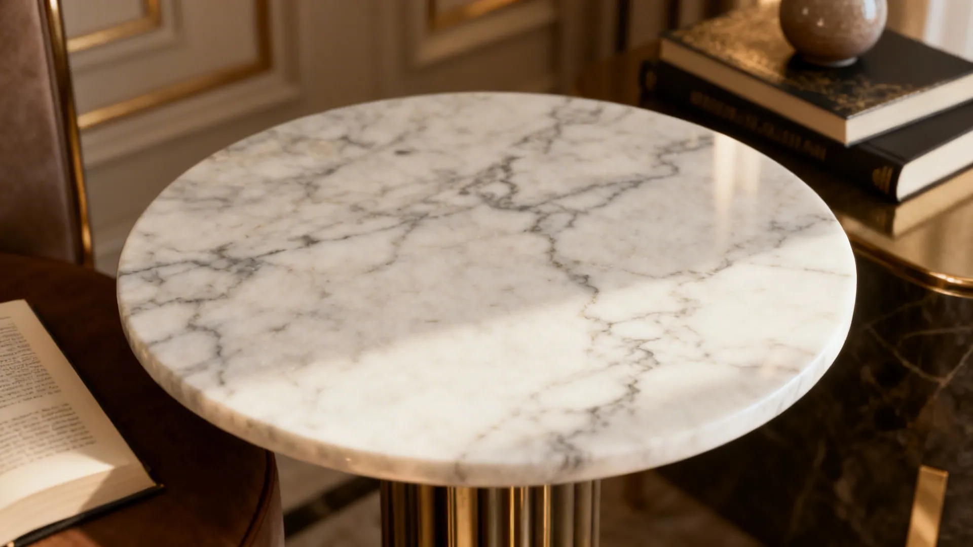 Small marble-topped round table as a luxe focal piece with subtle décor.