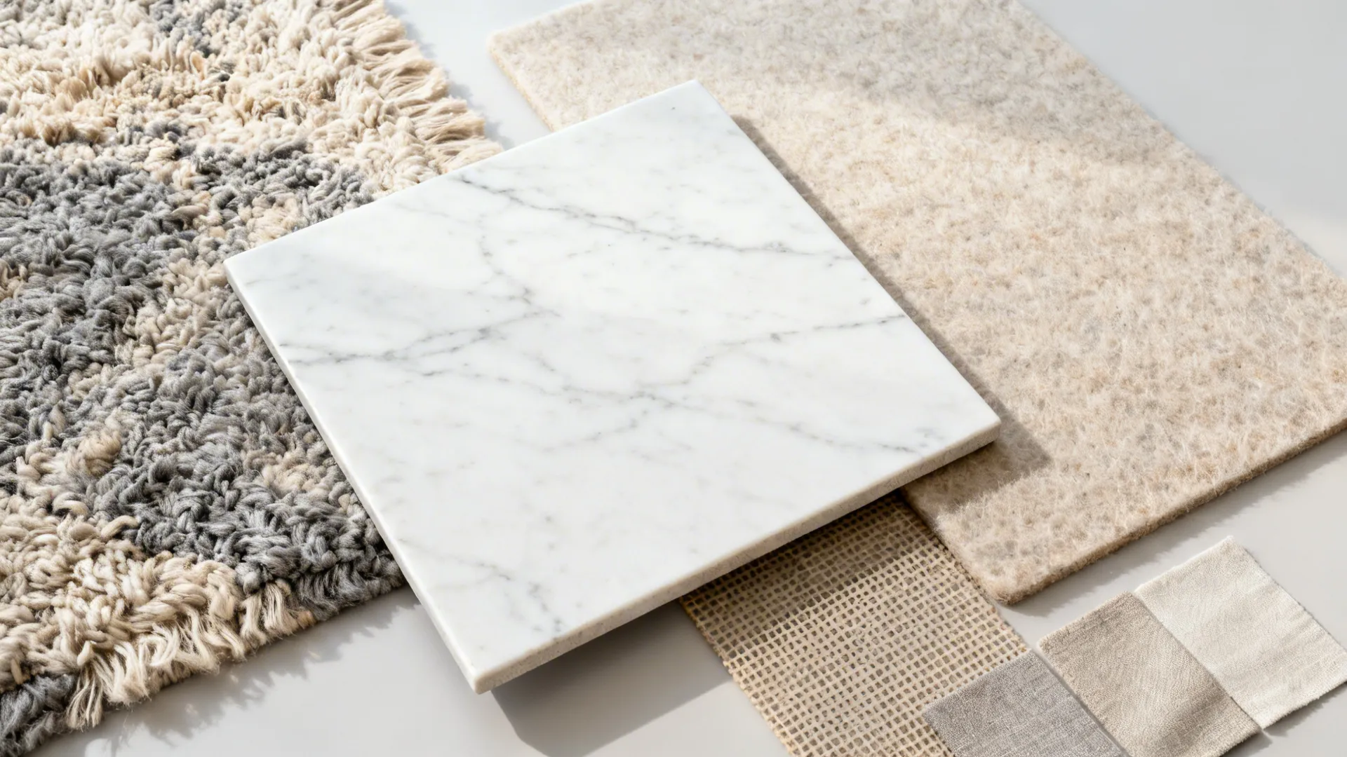 Flatlay of white marble sample with a nubby wool rug and rug pad swatches.