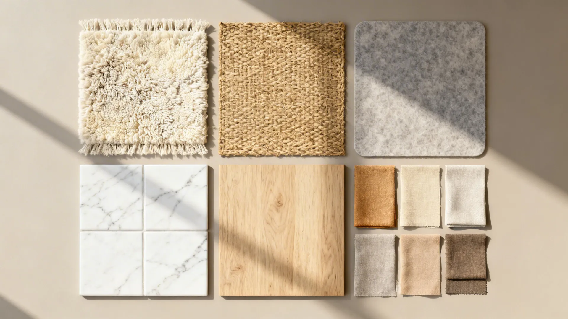 Flatlay of white marble, wool rug, jute, rug pad, and wood finish samples.