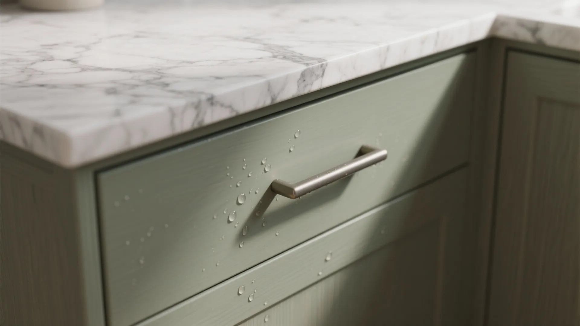 2. Grey Marble Counter with Sage Cabinets