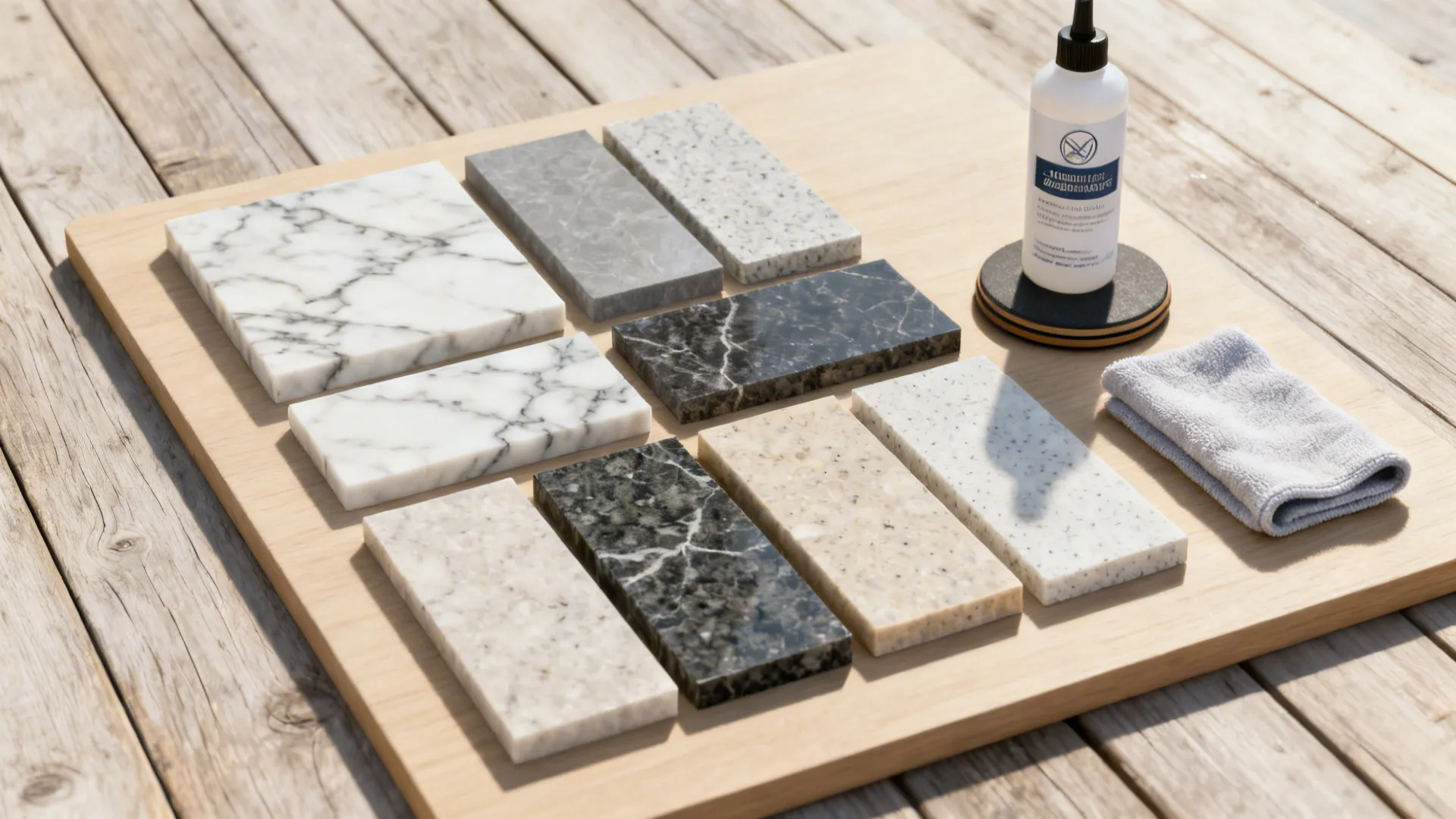 Marble and engineered quartz samples with sealing bottle and coaster for maintenance tips.
