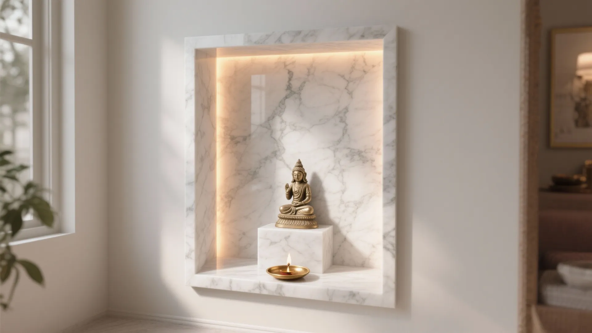 Small golden Buddha statue placed inside a marble wall niche with warm hidden light strip